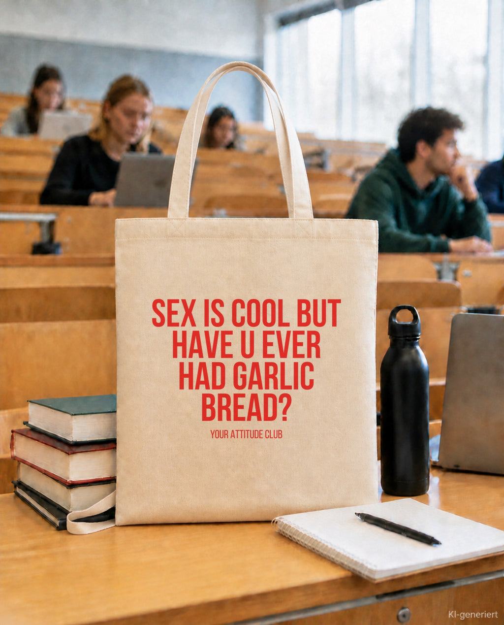 Sex is cool but have u ever had garlic bread? – Stoffbeutel mit Spruch beige, in der Uni