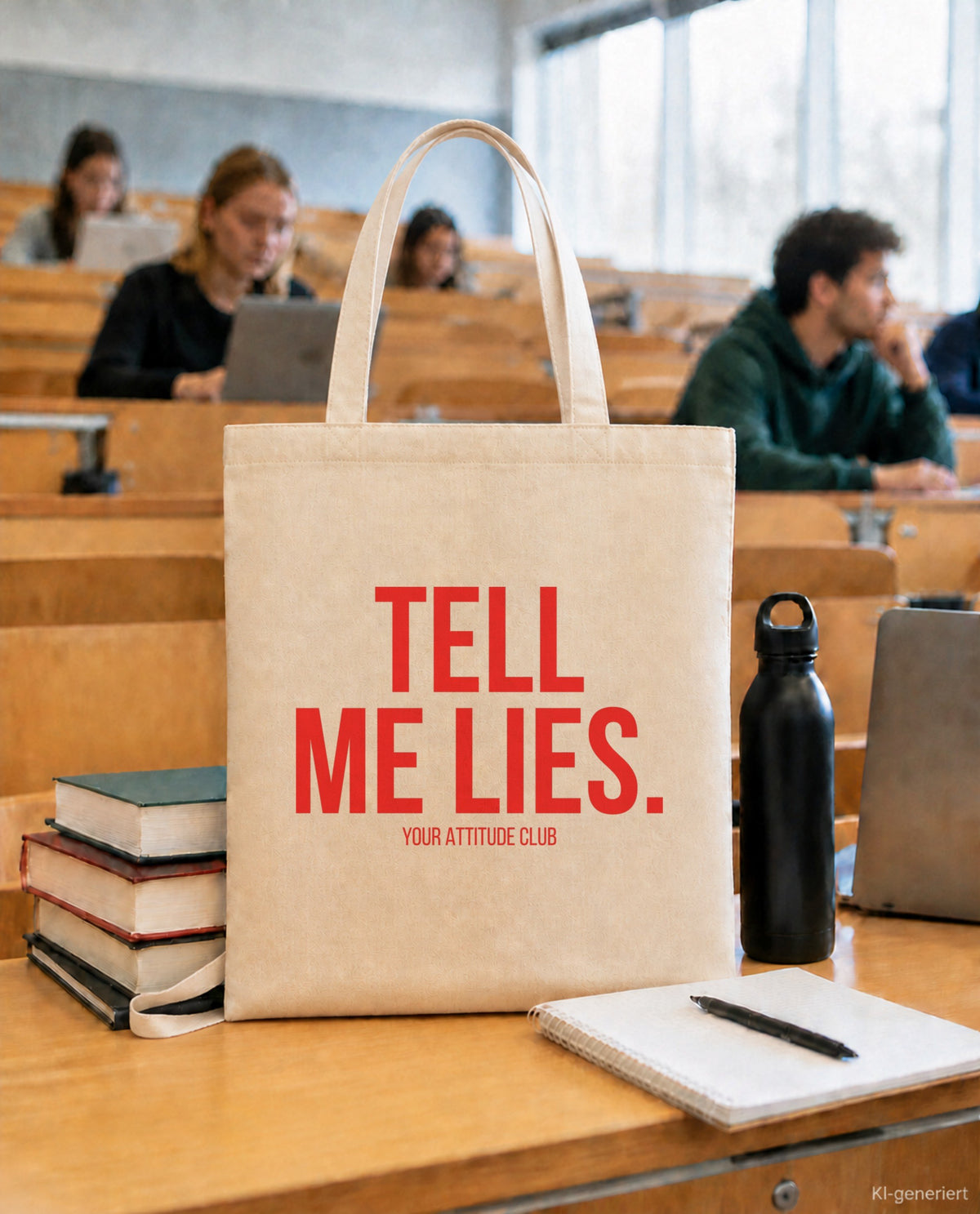 Tell me lies. – Stoffbeutel mit Spruch beige, in der Uni