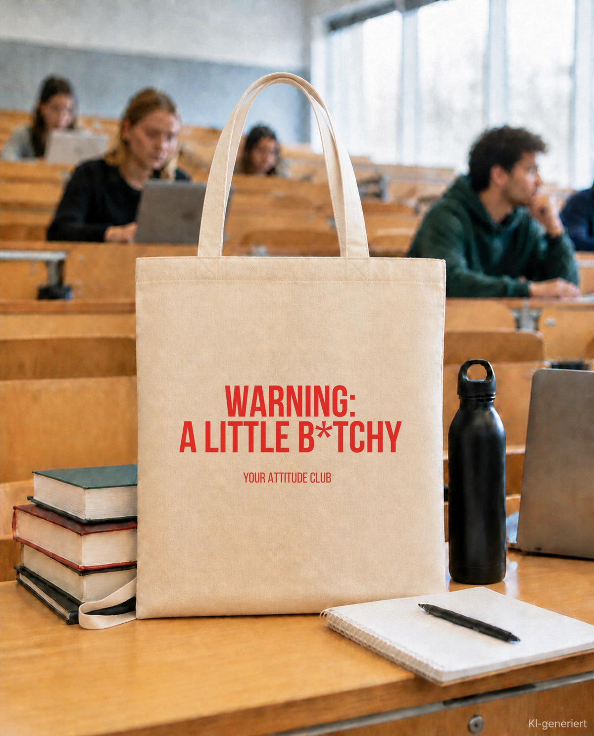 Warning: a little b*tchy – Stoffbeutel mit Spruch beige, in der Uni
