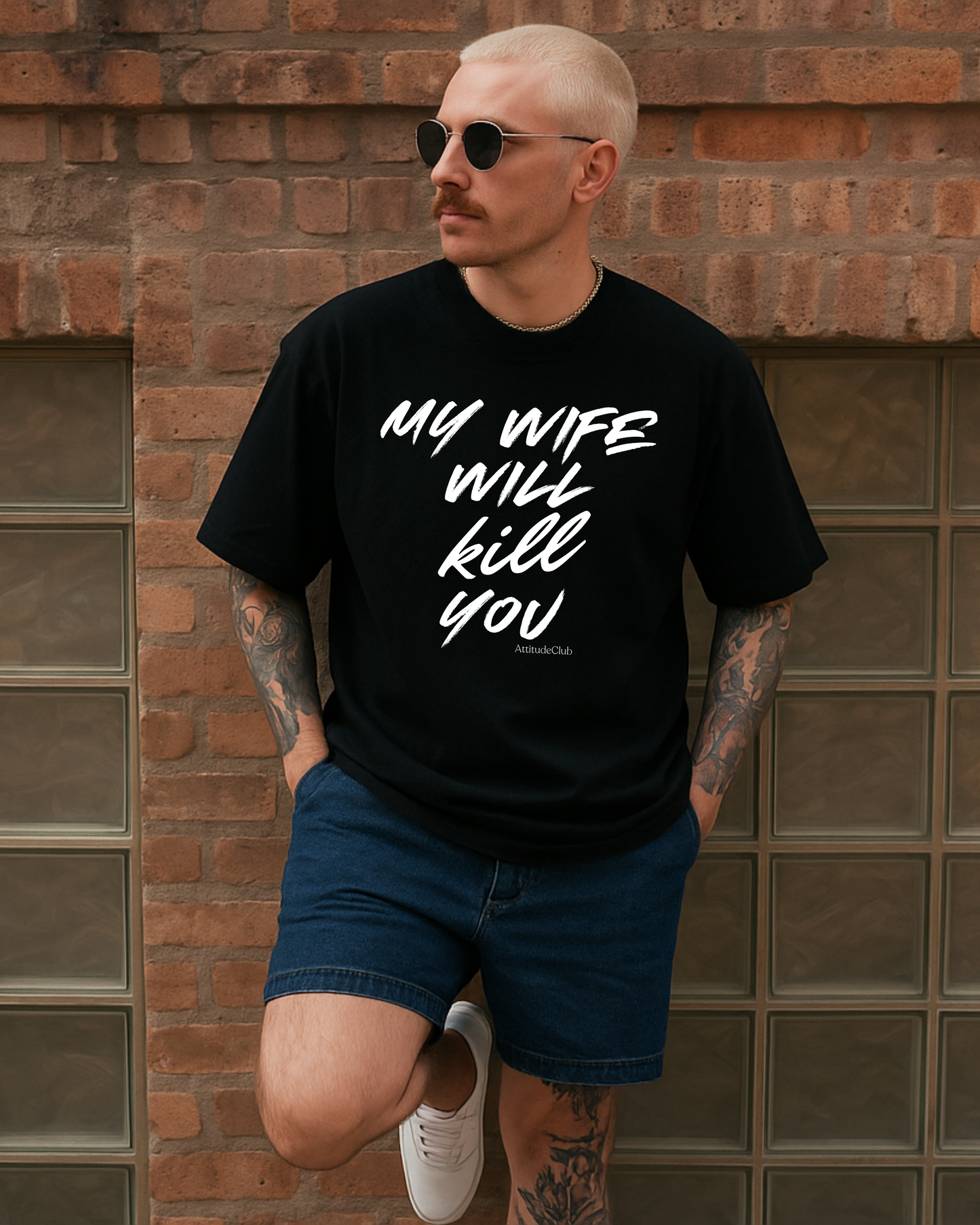 My Wife Will Kill You – Oversize Herren T Shirt Schwarz mit weißem Statement Print