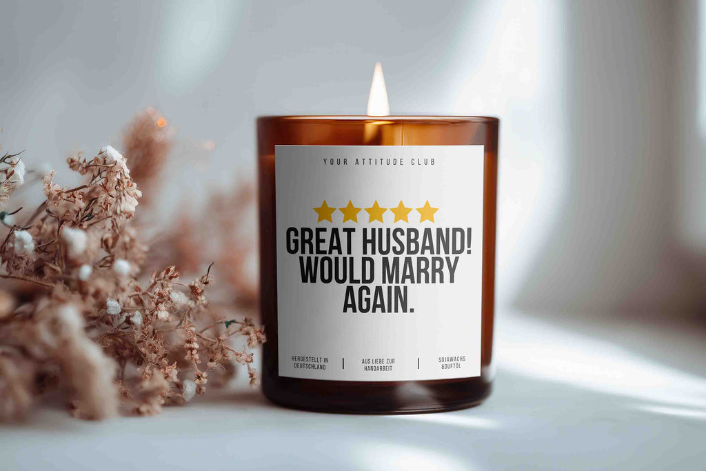 GREAT HUSBAND! WOULD MARRY AGAIN. Duftkerze Geschenk Valentinstag Galentinesday Ehemann Mann Partner Liebe Humor Kerze