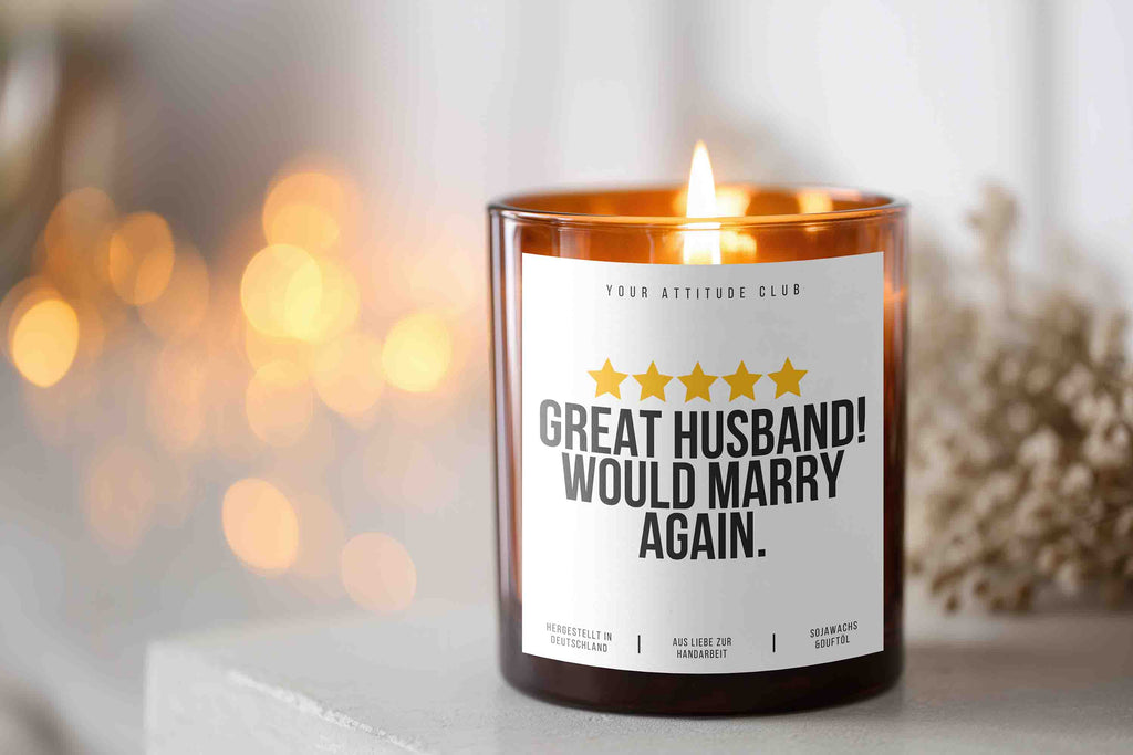GREAT HUSBAND! WOULD MARRY AGAIN. Duftkerze Geschenk Valentinstag Galentinesday Ehemann Mann Partner Liebe Humor Kerze