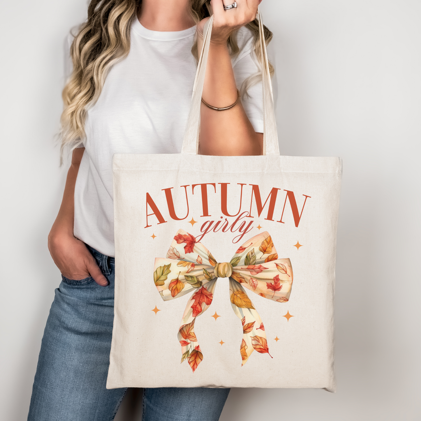 Herbst Tasche “Autumn Girly” – Baumwollbeutel mit Schleifen-Motiv & Blättern – DTG bedruckt – Rosa, Beige oder Schwarz – 48x42 cm – Auch als Bügelbild erhältlich