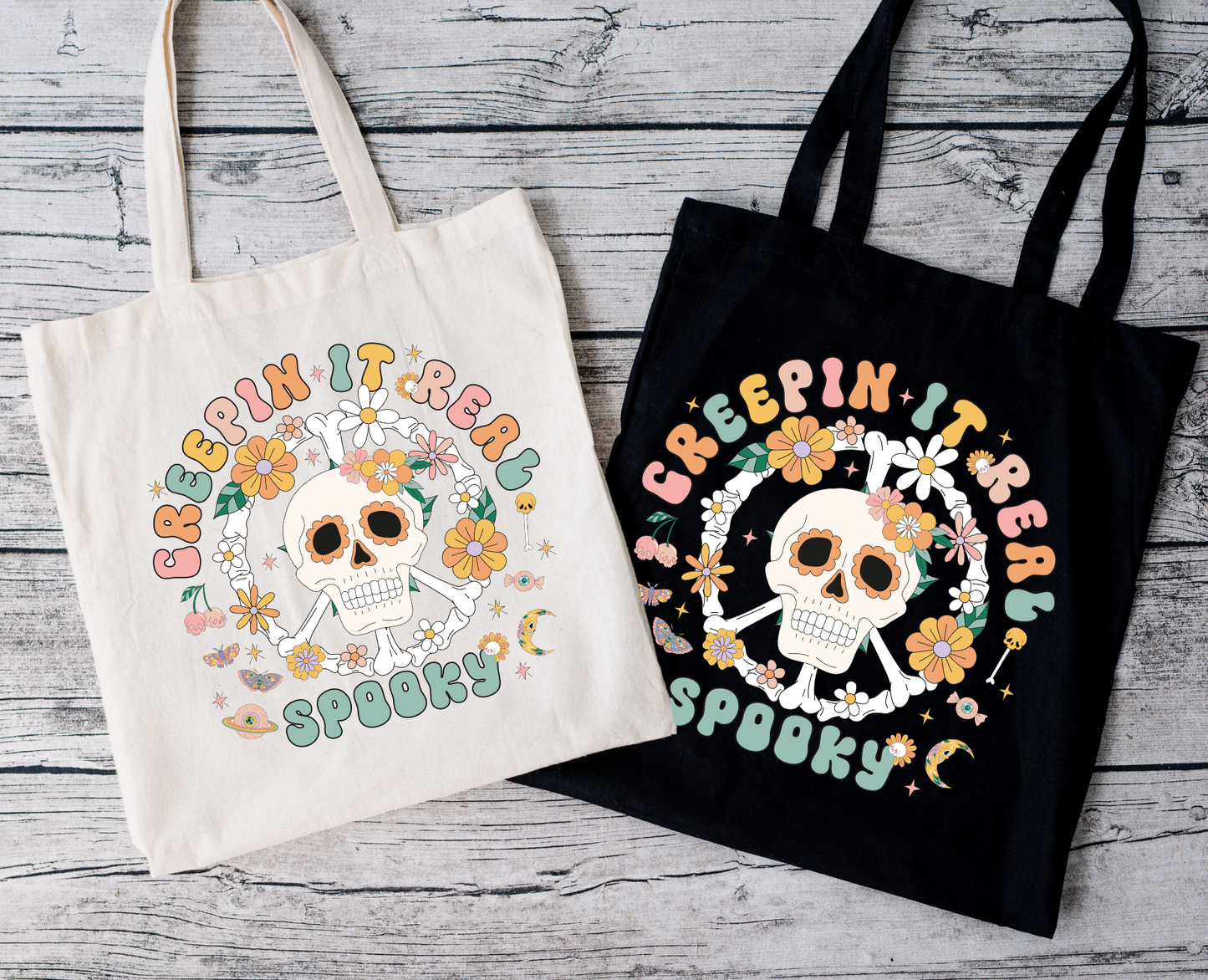 Creepin it Real Spooky Totenkopf Tasche Halloween Beutel Skull Print – Baumwolltasche Schwarz Beige Rosa – 38x42cm – auch als Bügelbild erhältlich