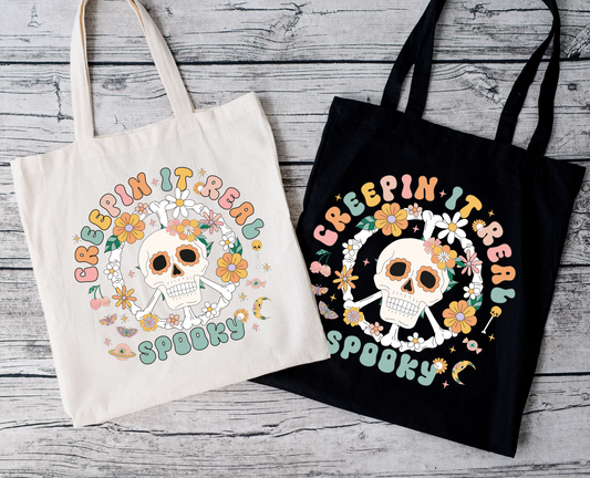 Creepin it Real Spooky Totenkopf Tasche Halloween Beutel Skull Print – Baumwolltasche Schwarz Beige Rosa – 38x42cm – auch als Bügelbild erhältlich