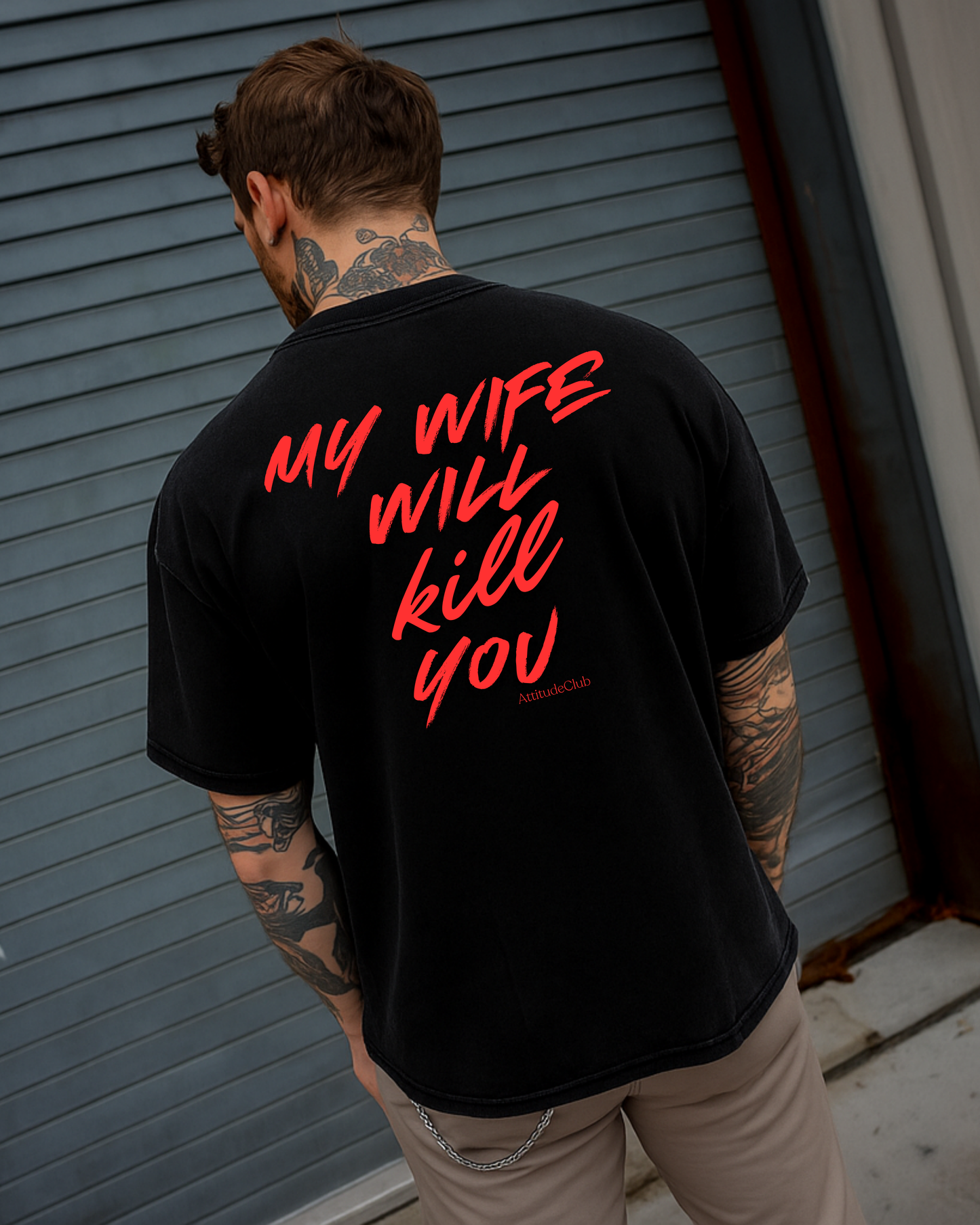MY WIFE WILL KILL YOU – Oversize Herren Shirt Schwarz mit rotem Front und Backprint | Premium Baumwolle Männer T Shirt