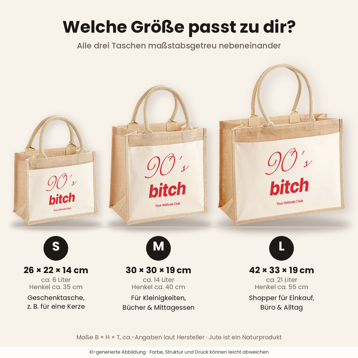 90's Bitch – Jutetasche mit Spruch, Größenvergleich klein, mittel, groß