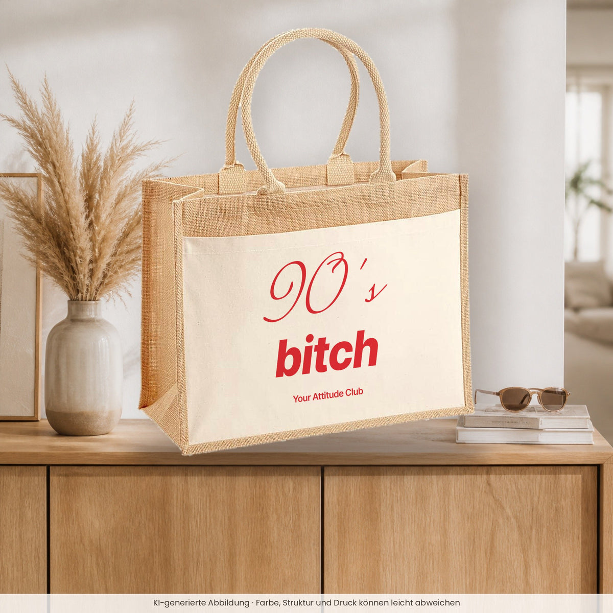 90's Bitch – Jutetasche mit Spruch, auf dem Sideboard im Flur
