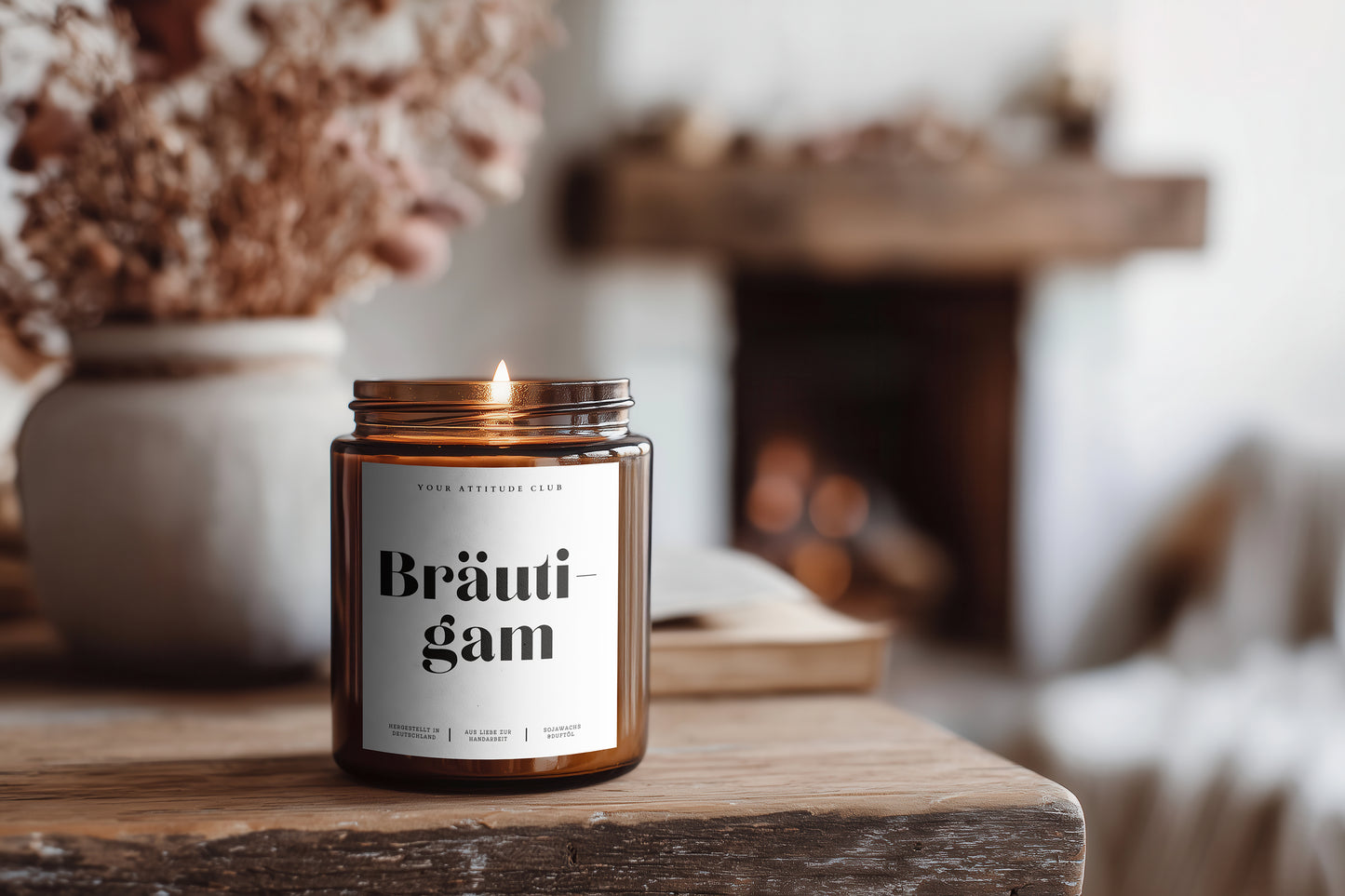 Bräutigam – Edle Amberglas-Hochzeitskerze für den Groom • Geschenk zur Hochzeit & Verlobung • 120ml/160ml • Handgegossen aus Sojawachs • Luxusetikett aus Champagnerpapier