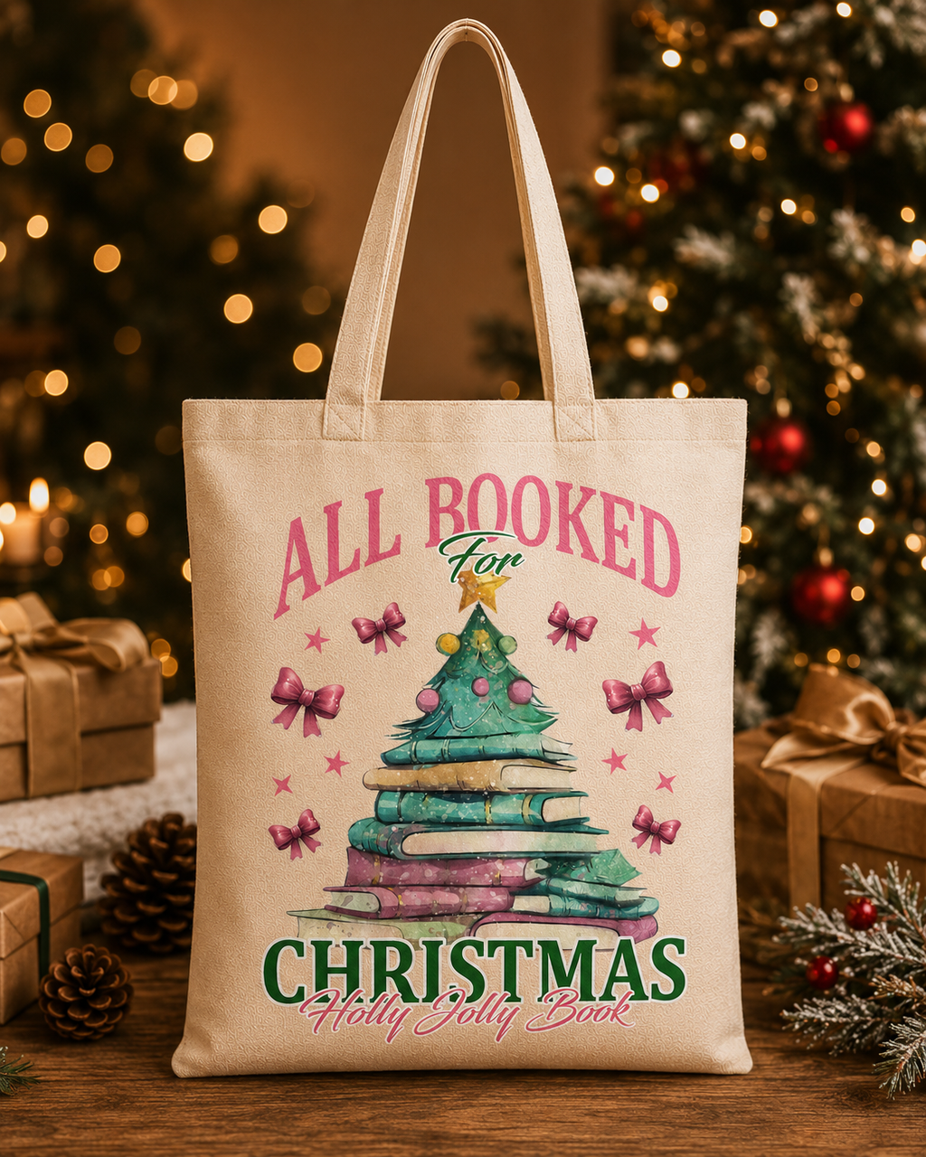 All Booked for Christmas – Weihnachtlicher Stoffbeutel mit Bücher-Weihnachtsbaum | Baumwolltasche für Leseratten | Geschenk für Buchliebhaber