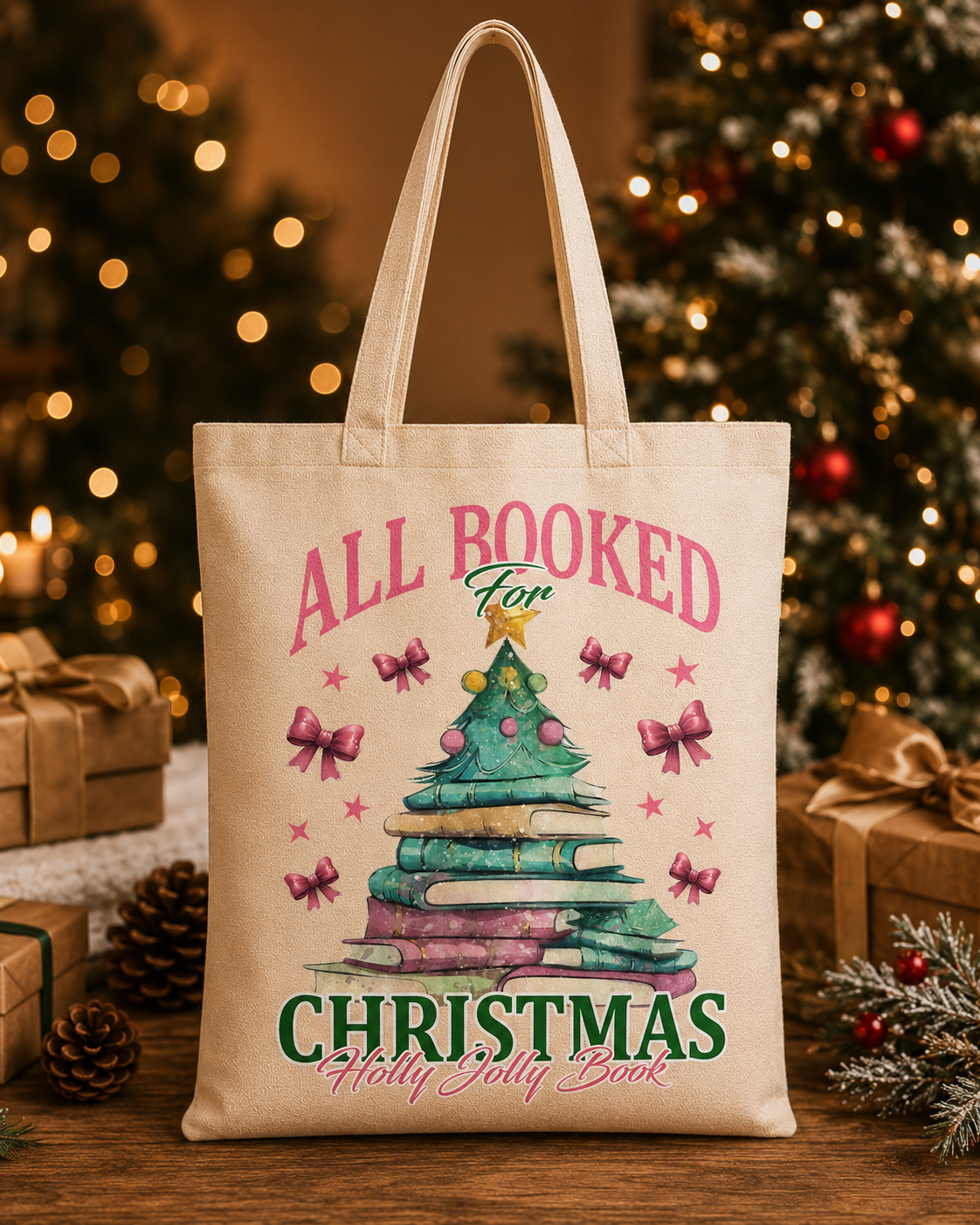 All Booked for Christmas – Weihnachtlicher Stoffbeutel mit Bücher-Weihnachtsbaum | Baumwolltasche für Leseratten | Geschenk für Buchliebhaber