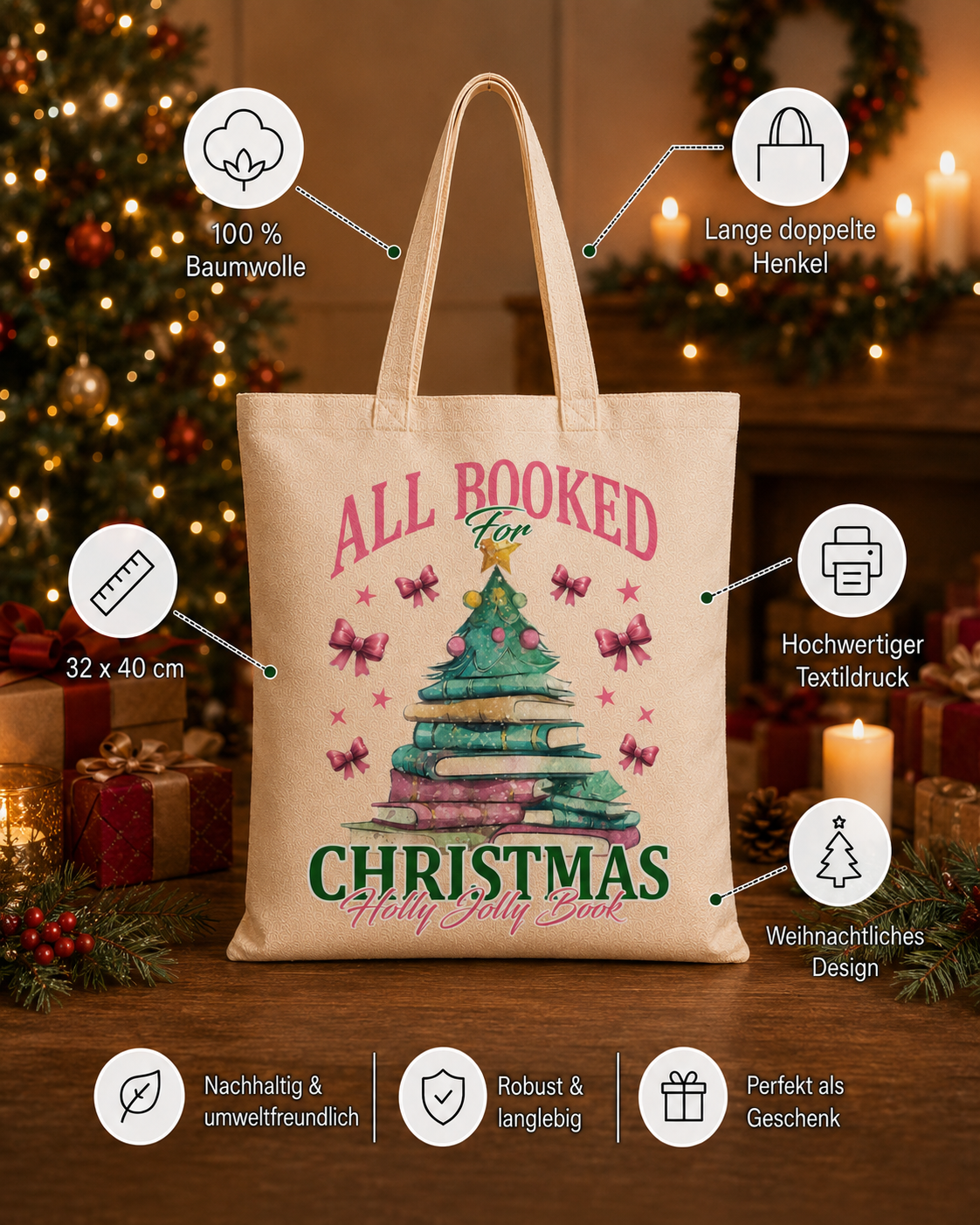All Booked for Christmas – Weihnachtlicher Stoffbeutel mit Bücher-Weihnachtsbaum | Baumwolltasche für Leseratten | Geschenk für Buchliebhaber