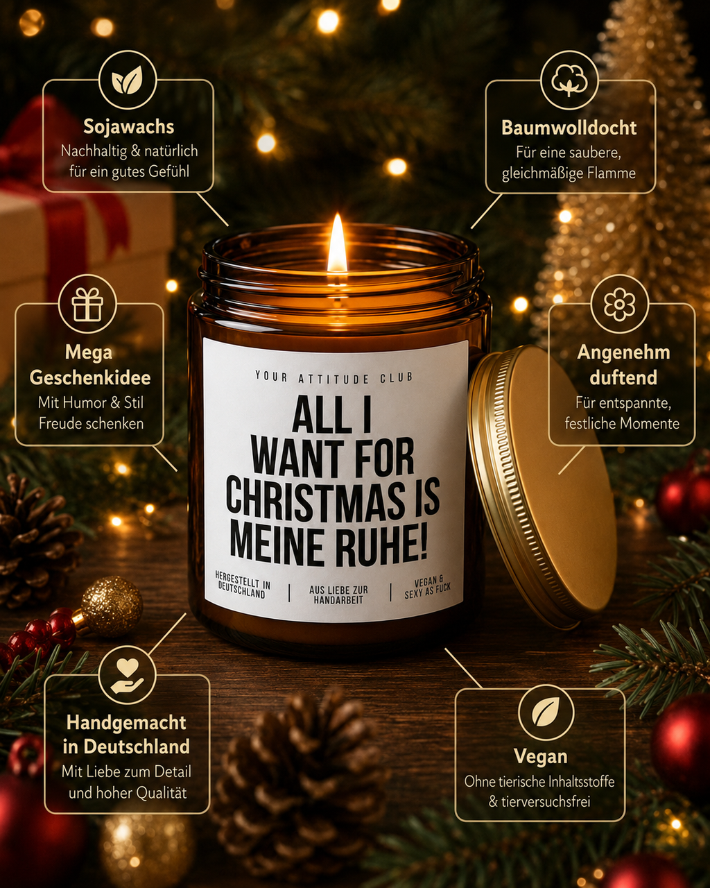 ALL I WANT FOR CHRISTMAS IS MEINE RUHE! Weihnachtskerze mit Spruch | lustige Duftkerze | Geschenk Weihnachten | Wichtelgeschenk | Sojawachs Kerze handgemacht
