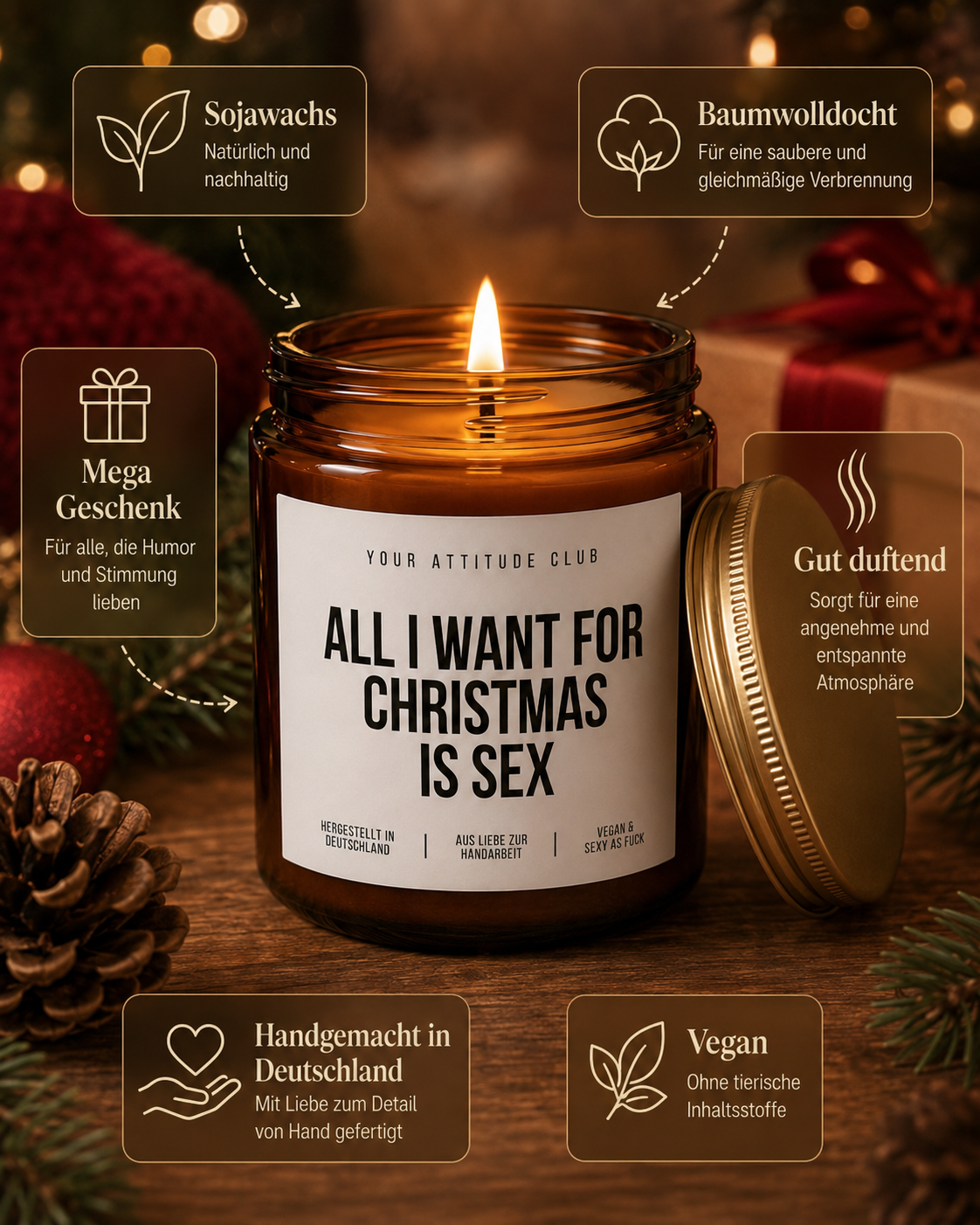ALL I WANT FOR CHRISTMAS IS SEX Weihnachtskerze mit Spruch | lustige Duftkerze | freches Weihnachtsgeschenk | Wichtelgeschenk | Sojawachs Kerze