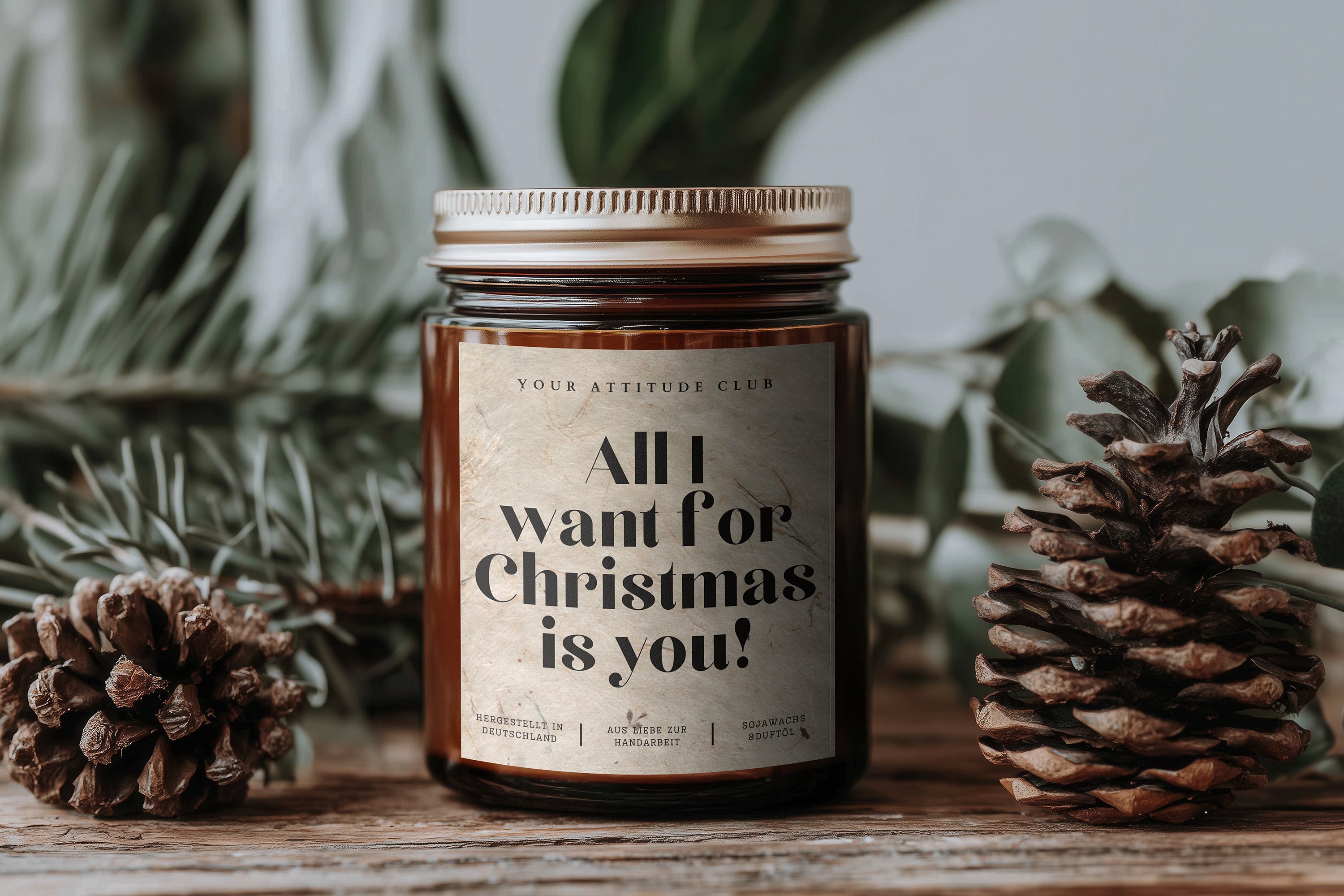 All I want for Christmas is you! – Lustige Weihnachtskerze im Amberglas mit Naturgraspapier, 120 ml & 160 ml, 30–40h Brenndauer, mit/ohne Duft