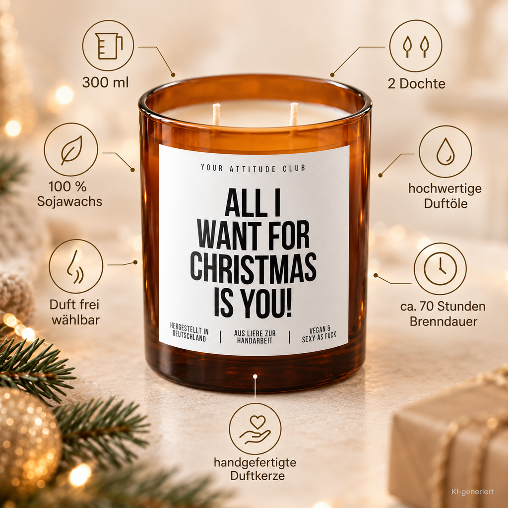 ALL I WANT FOR CHRISTMAS IS YOU! – Weihnachtskerze Naturgras Etikett | Weihnachtsgeschenk | Geschenk für Partner, Freundin & Freund | Geschenkidee Weihnachten