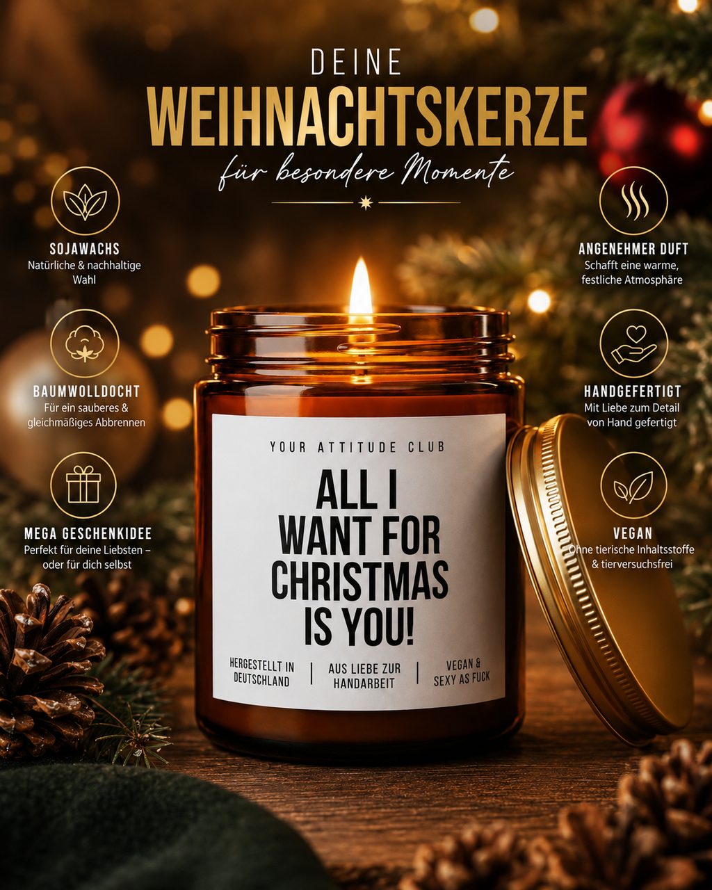 ALL I WANT FOR CHRISTMAS IS YOU! Weihnachtskerze mit Spruch | romantische Duftkerze | Geschenk für Partner | Weihnachtsgeschenk | Sojawachs Kerze handgemacht