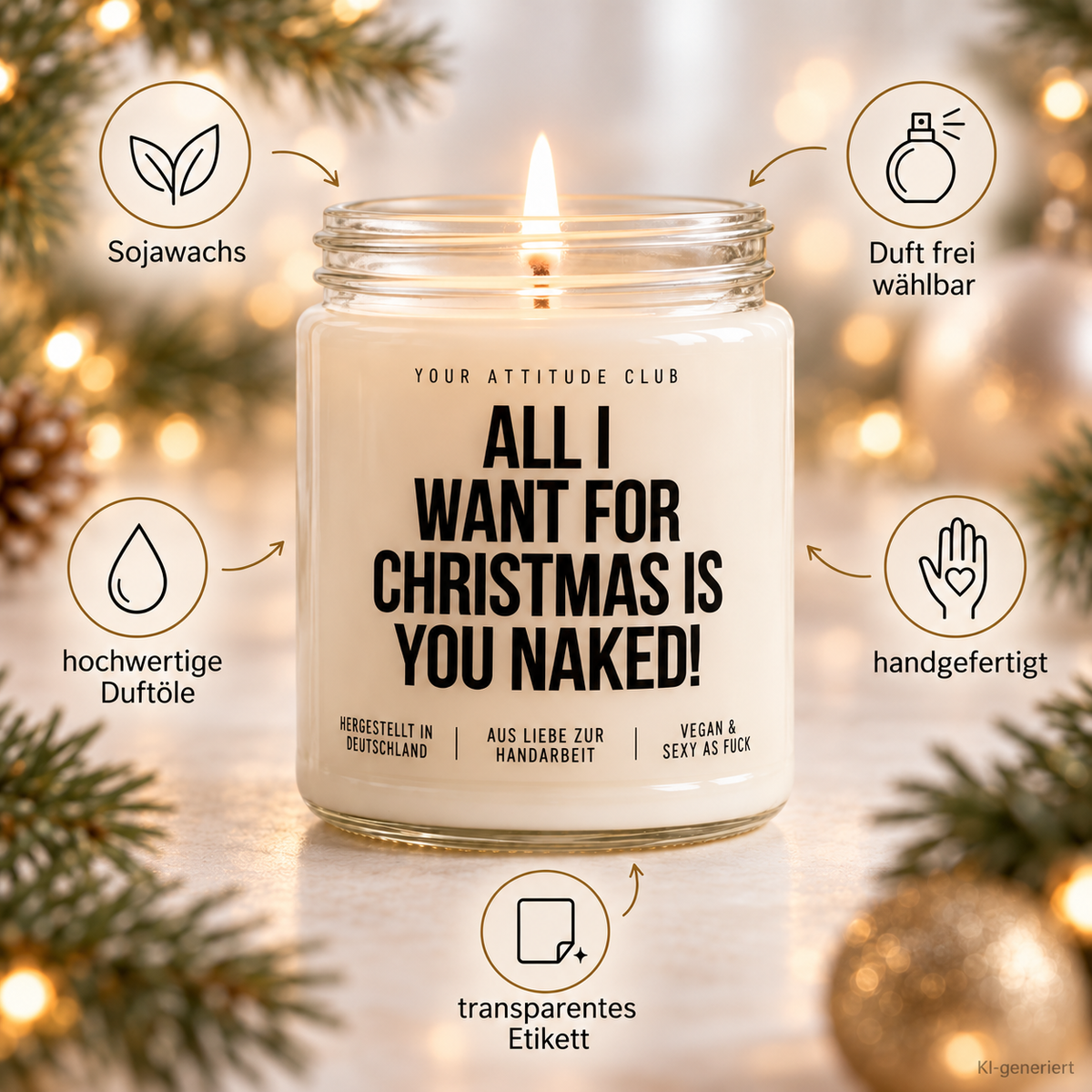 ALL I WANT FOR CHRISTMAS IS YOU NAKED! | Weihnachtskerze Duftkerze Weihnachten Geschenkidee Wichtelgeschenk für Partner Freundin Freund