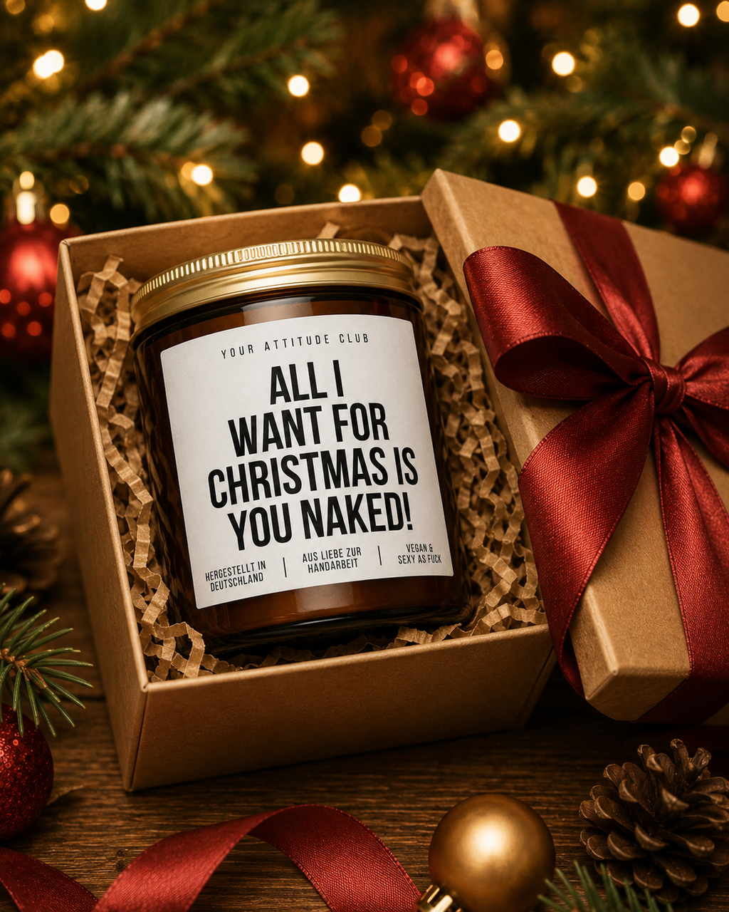 ALL I WANT FOR CHRISTMAS IS YOU NAKED! Weihnachtskerze mit Spruch | lustige Duftkerze | freches Weihnachtsgeschenk für Partner | Wichtelgeschenk Erwachsene | Sojawachs Kerze