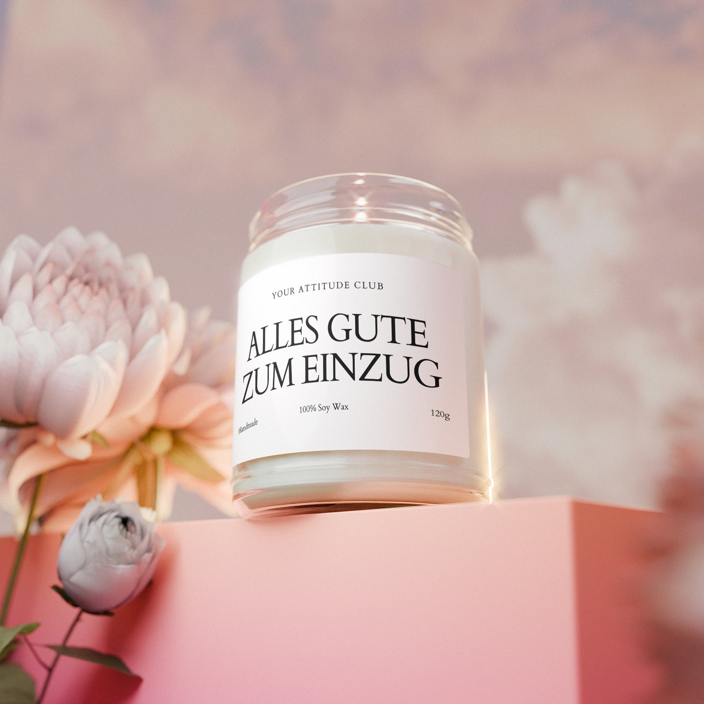 Alles Gute zum Einzug – Sojawachs-Kerze mit Etikett & Wunschname, Geschenk für Umzug, Duftkerze 120ml, Mitbringsel für neue Wohnung