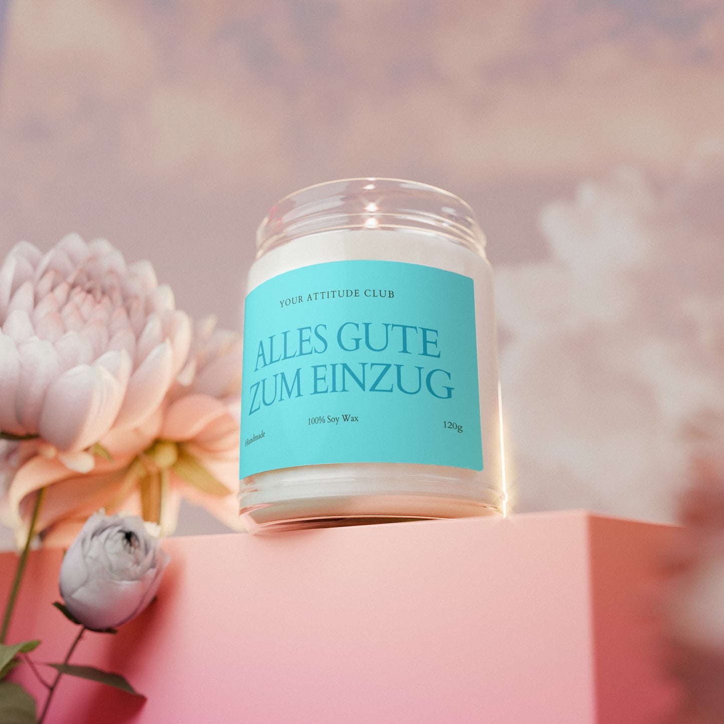 Alles Gute zum Einzug – Sojawachs-Kerze mit Etikett & Wunschname, Geschenk für Umzug, Duftkerze 120ml, Mitbringsel für neue Wohnung