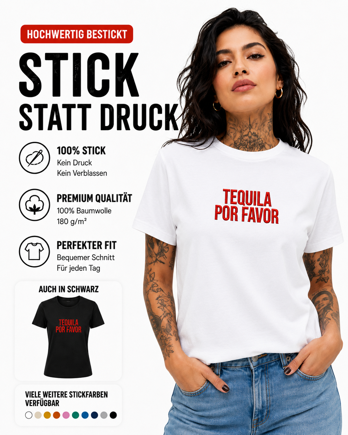 TEQUILA POR FAVOR – besticktes Damen Shirt, lustiges Statement T-Shirt, Geschenk für Freundin, Partyshirt, Bio-Baumwolle, Weiß oder Schwarz
