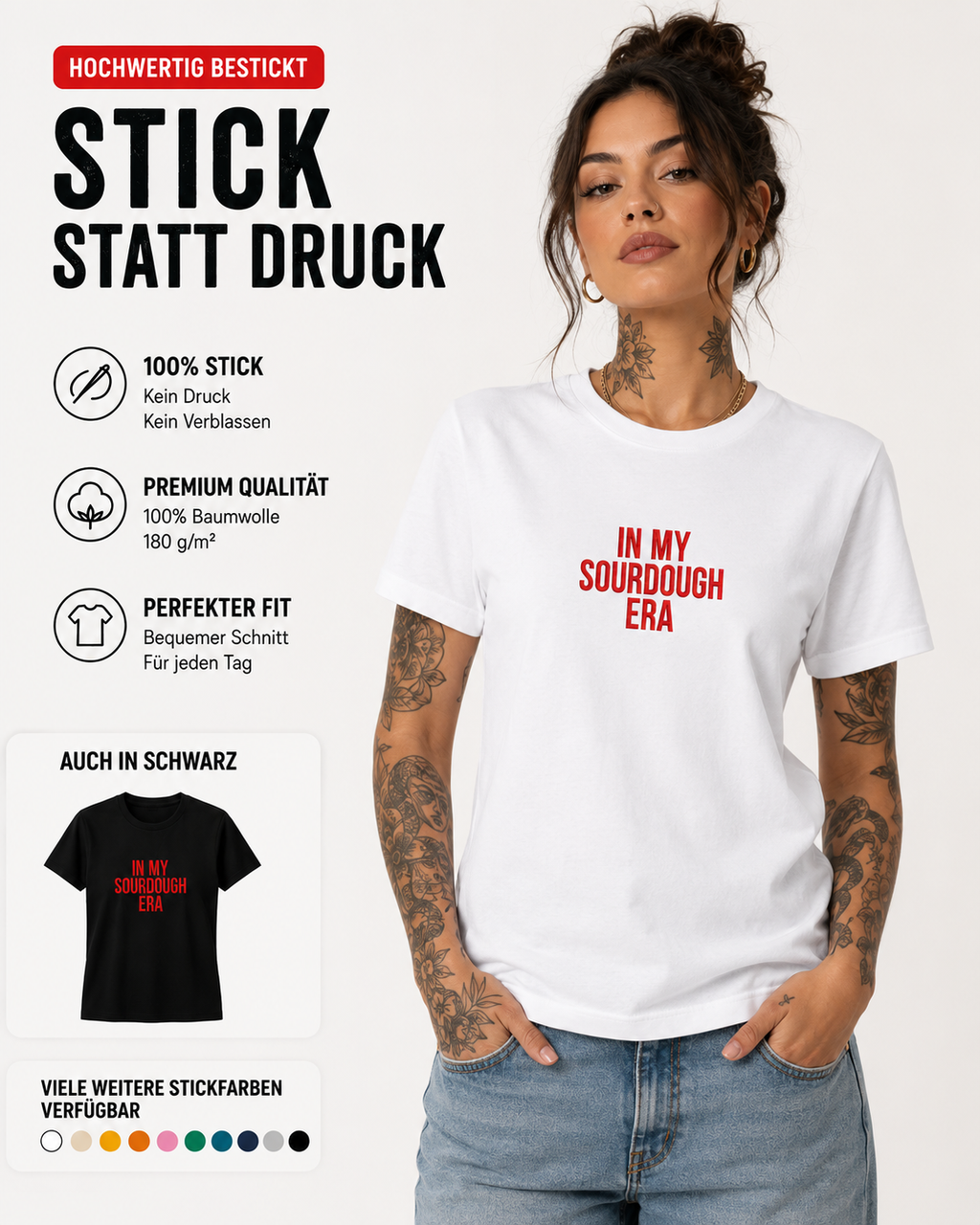 IN MY SOURDOUGH ERA – besticktes Damen Shirt, lustiges Statement T-Shirt, Geschenk für Bäckerin, Sauerteig-Fan, Bio-Baumwolle, Weiß oder Schwarz