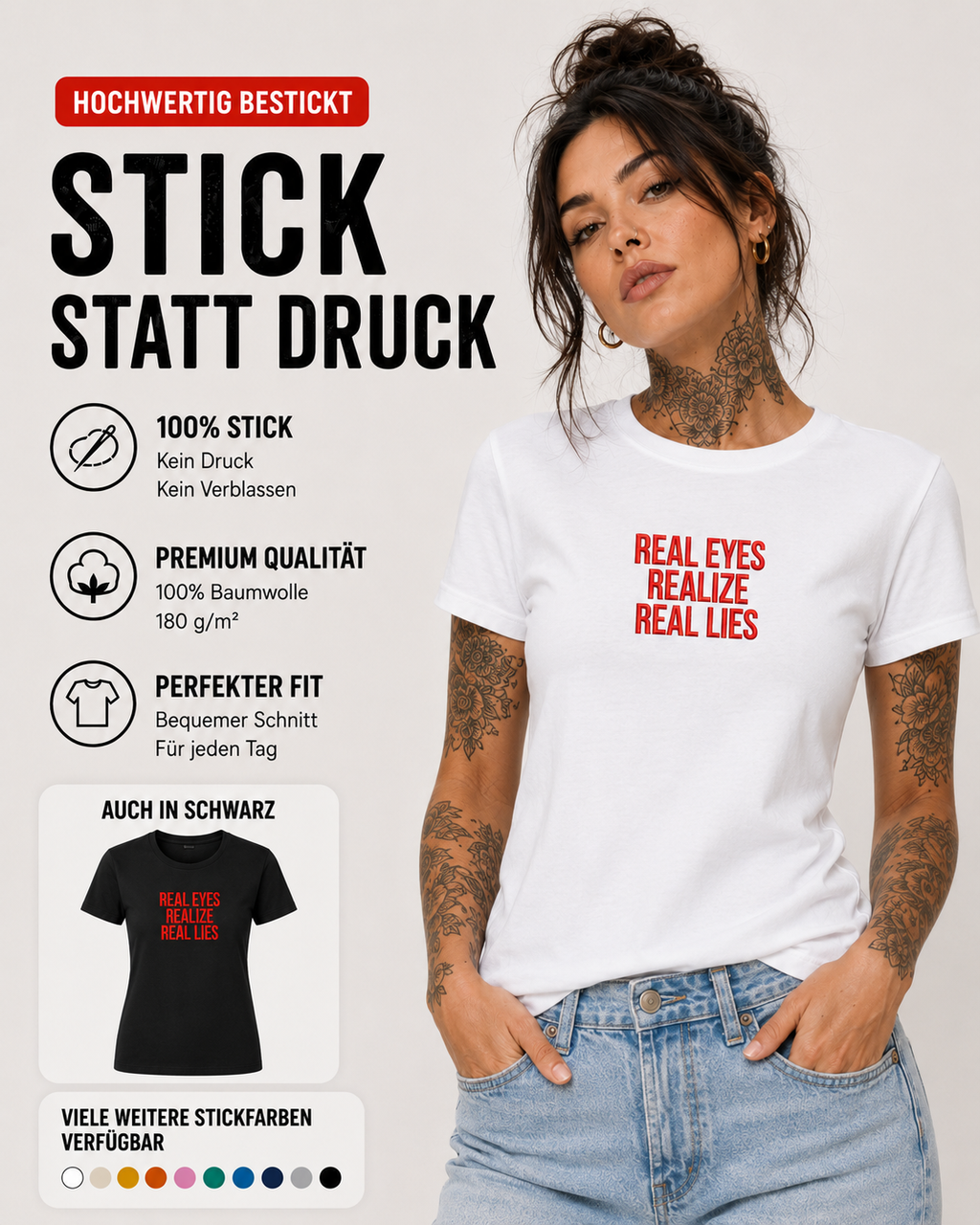 REAL EYES REALIZE REAL LIES – besticktes Damen Shirt, Statement T-Shirt, frecher Spruch, Geschenk für Freundin, Bio-Baumwolle, Weiß oder Schwarz