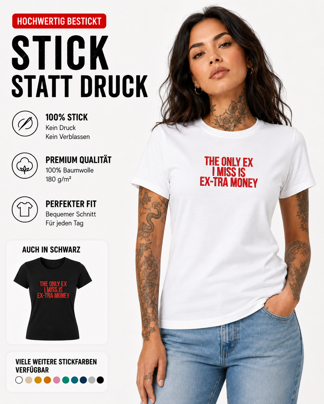 THE ONLY EX I MISS IS EX-TRA MONEY – besticktes Damen Shirt, freches Statement T-Shirt, Trennungsgeschenk, Bio-Baumwolle, Weiß oder Schwarz