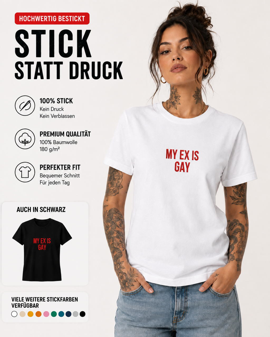 MY EX IS GAY – besticktes Damen Shirt, freches Statement T-Shirt, Geschenk für Freundin, Trennungsgeschenk, Bio-Baumwolle, Weiß oder Schwarz