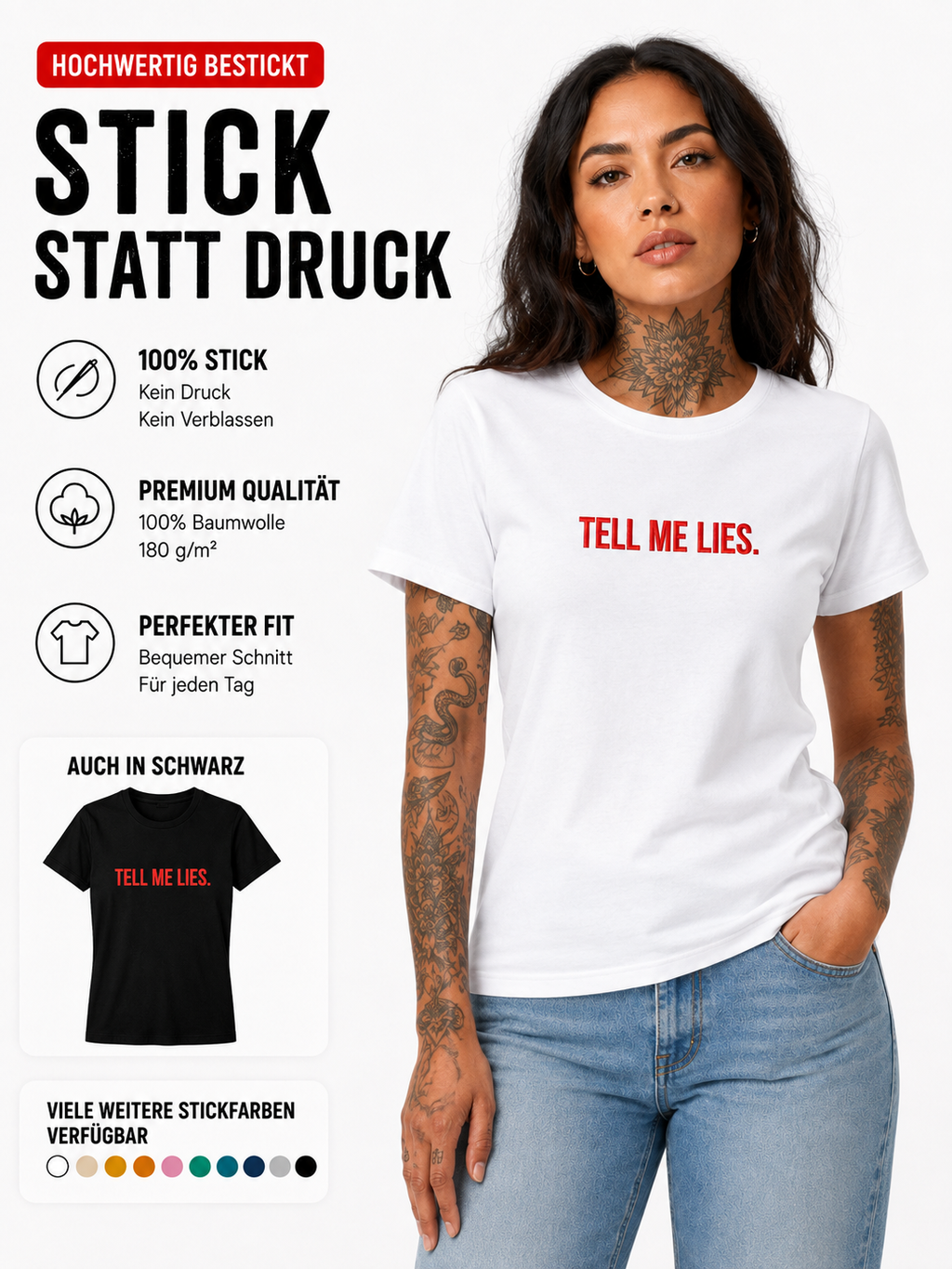 TELL ME LIES – besticktes Damen Shirt, freches Statement T-Shirt, Geschenk für Freundin, Bio-Baumwolle, Weiß oder Schwarz