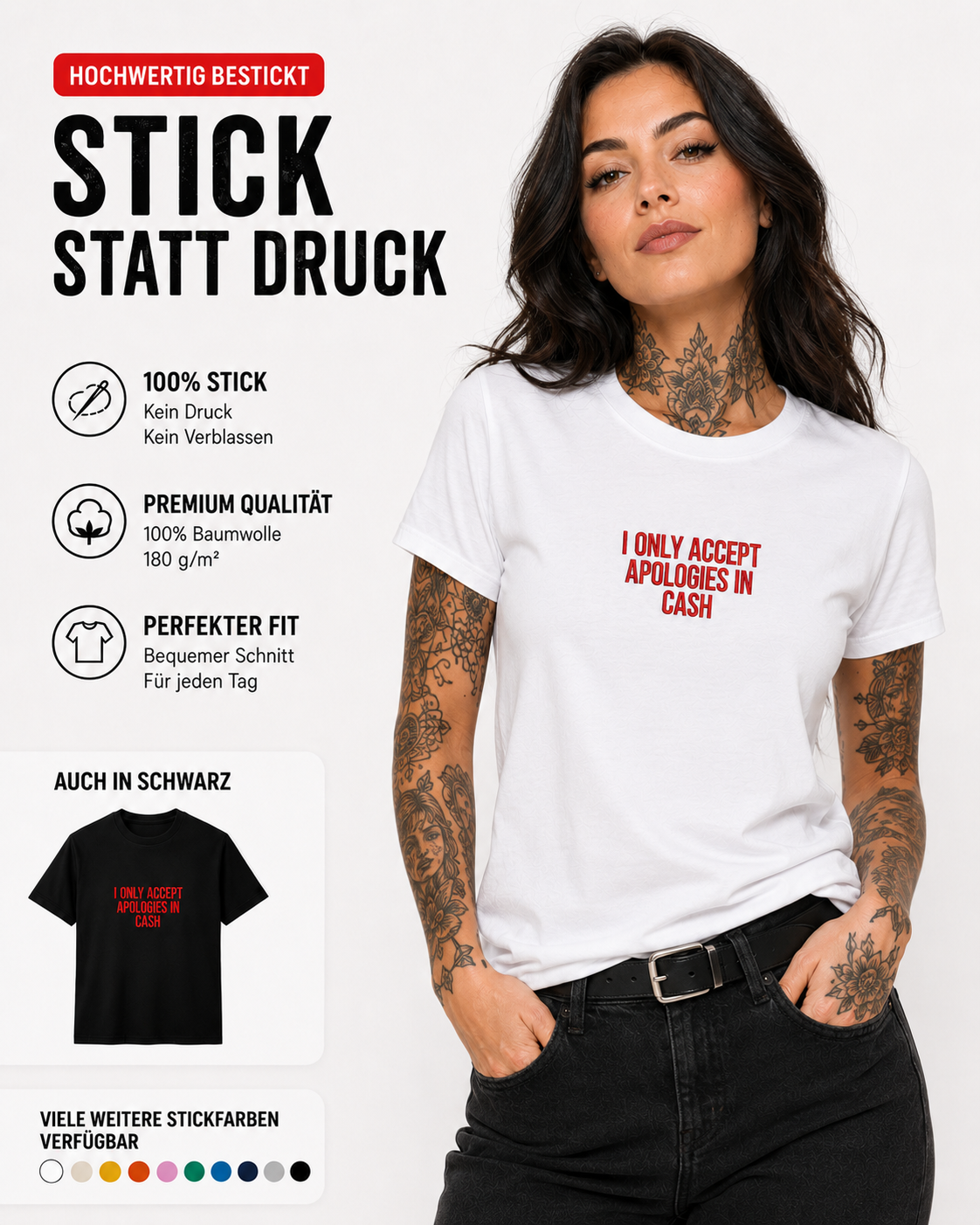 I ONLY ACCEPT APOLOGIES IN CASH – besticktes Damen Shirt, freches Statement T-Shirt, Geschenk für Freundin, Bio-Baumwolle, Weiß oder Schwarz