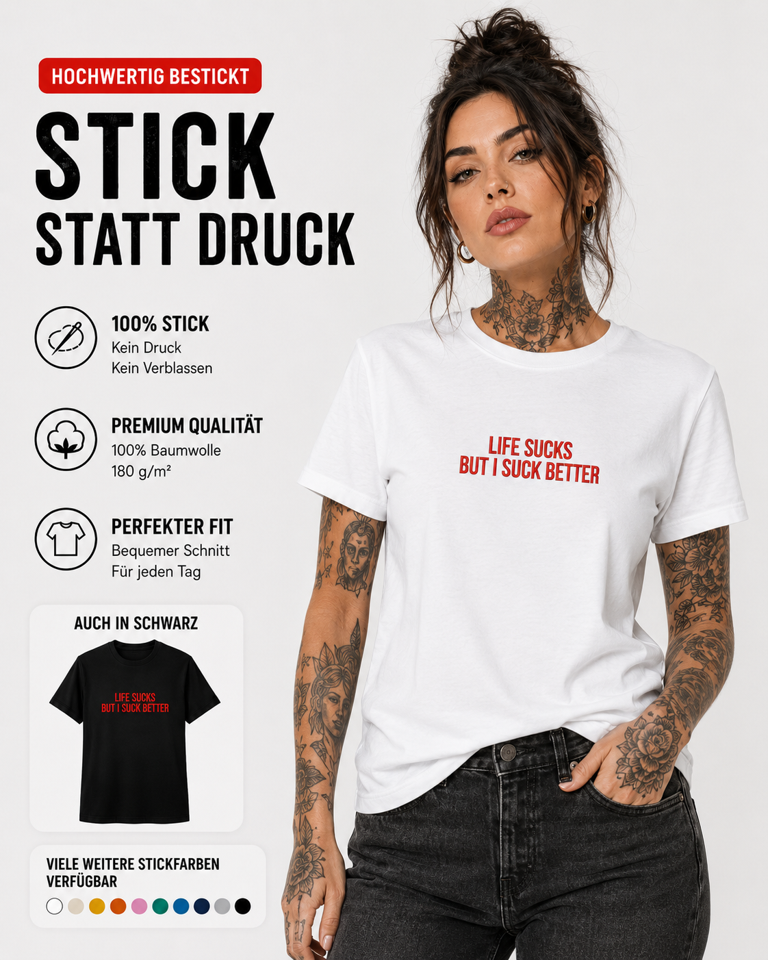 LIFE SUCKS BUT I SUCK BETTER – besticktes Damen Shirt, freches Statement T-Shirt, schwarzer Humor, Geschenk für Freundin, Bio-Baumwolle