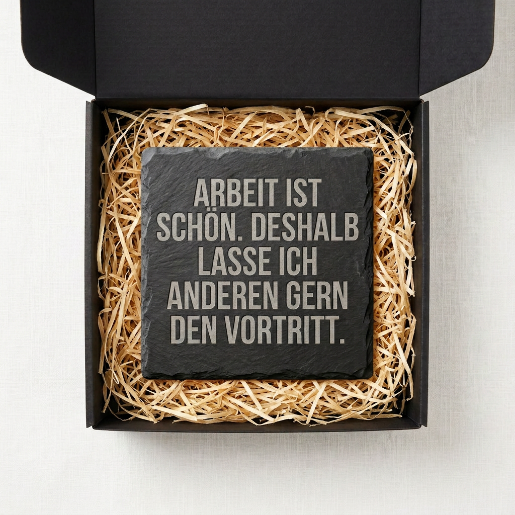 Arbeit ist schön. Deshalb lasse ich anderen gern den Vortritt. – Schiefer Untersetzer 10x10 cm, lustiges Geschenk für Arbeitskollegen, Büro Geschenk, handgravierter Naturstein