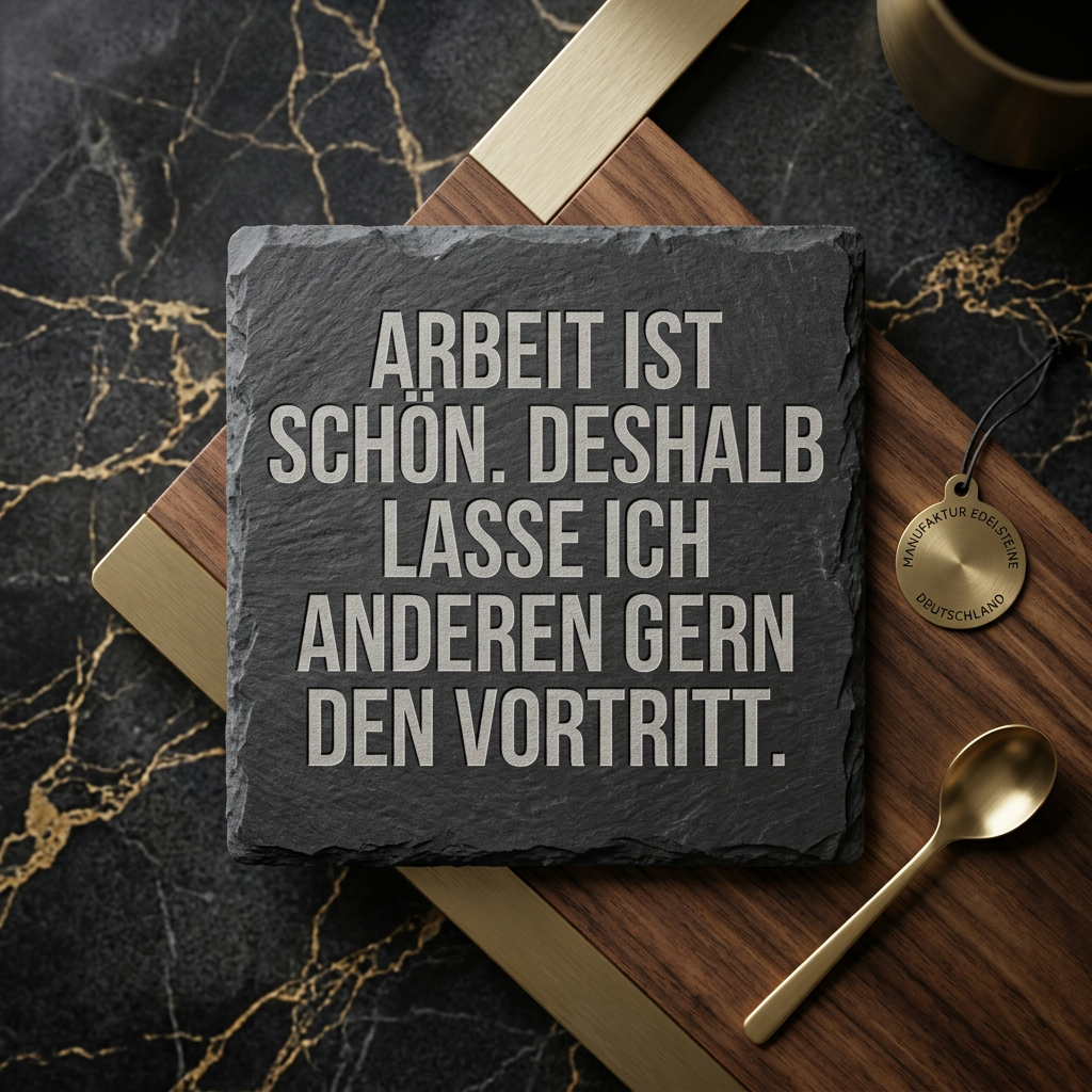 Arbeit ist schön. Deshalb lasse ich anderen gern den Vortritt. – Schiefer Untersetzer 10x10 cm, lustiges Geschenk für Arbeitskollegen, Büro Geschenk, handgravierter Naturstein