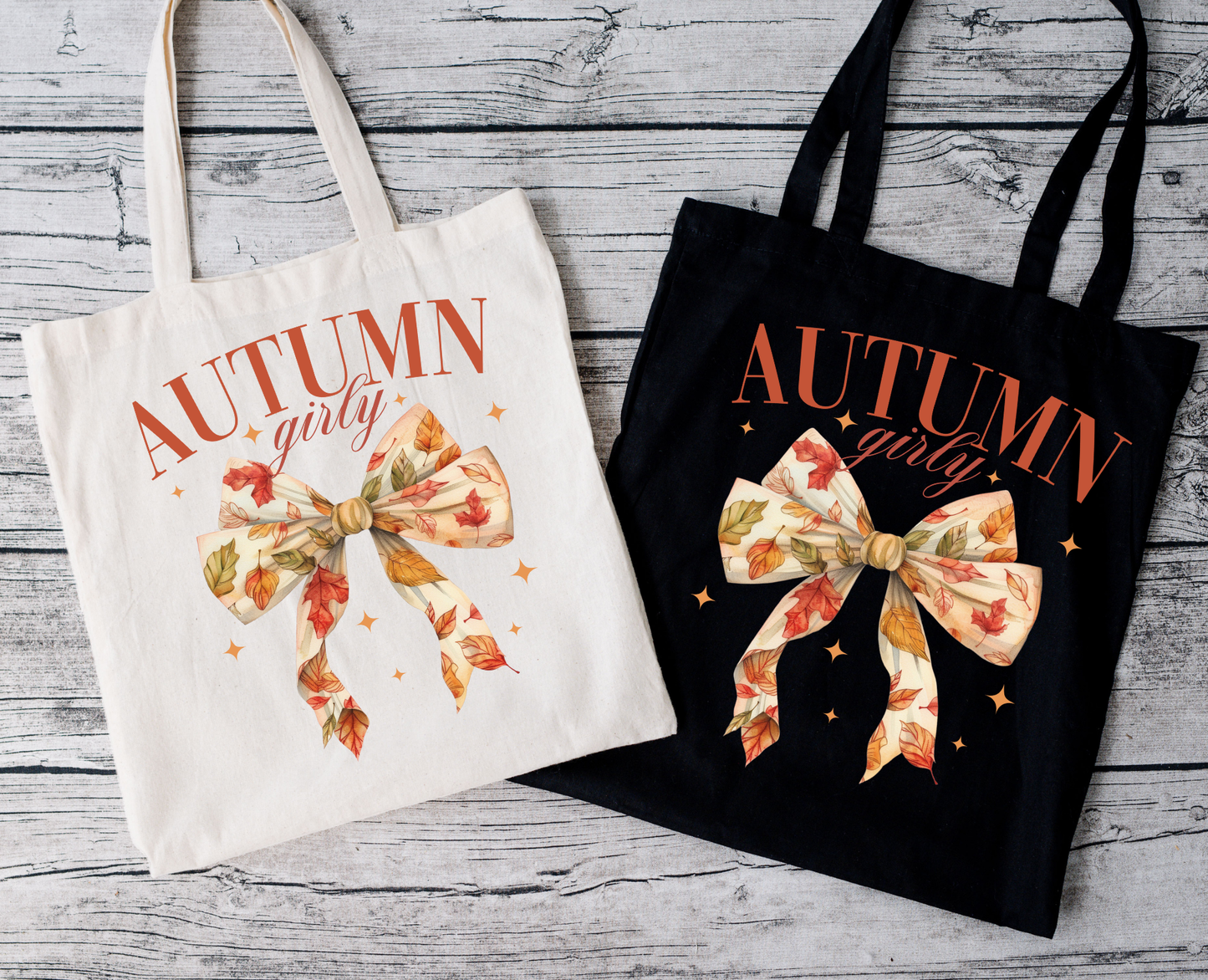 Herbst Tasche “Autumn Girly” – Baumwollbeutel mit Schleifen-Motiv & Blättern – DTG bedruckt – Rosa, Beige oder Schwarz – 48x42 cm – Auch als Bügelbild erhältlich