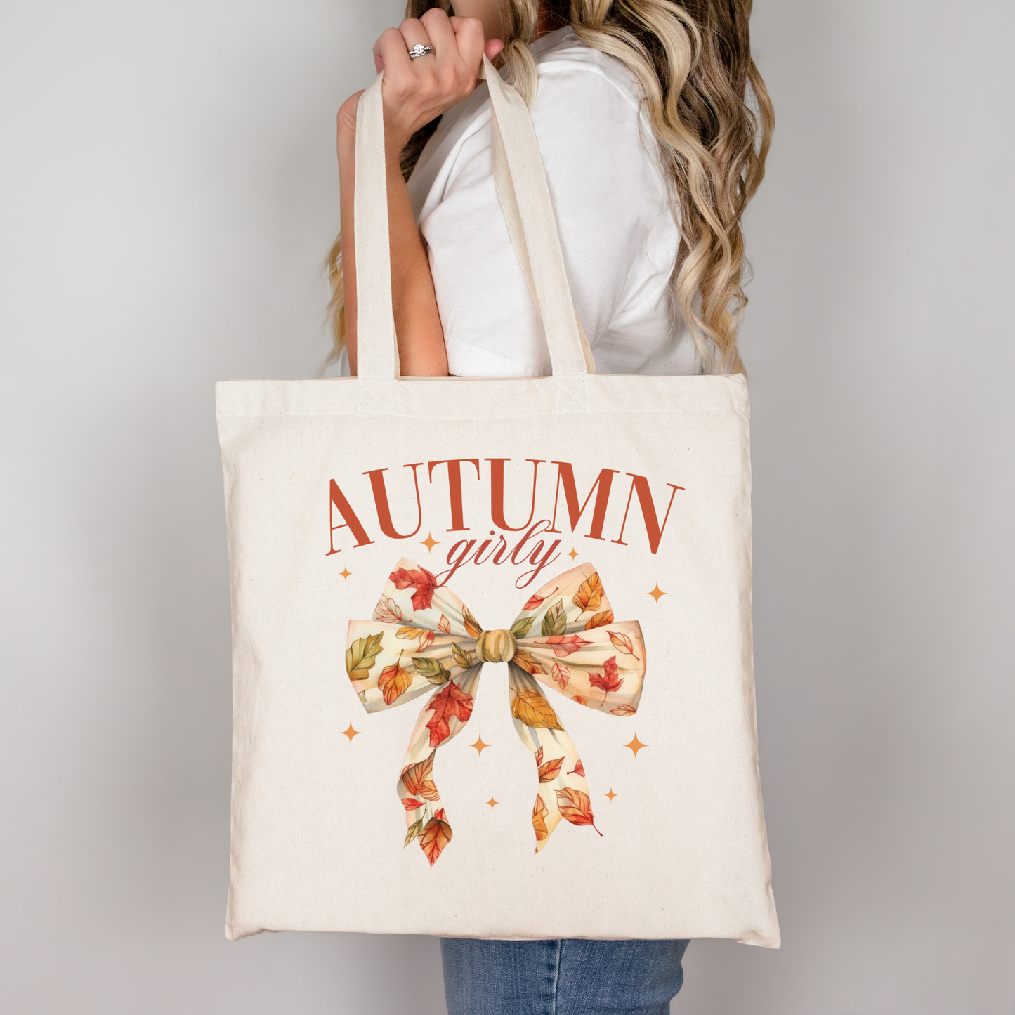 Herbst Tasche “Autumn Girly” – Baumwollbeutel mit Schleifen-Motiv & Blättern – DTG bedruckt – Rosa, Beige oder Schwarz – 48x42 cm – Auch als Bügelbild erhältlich
