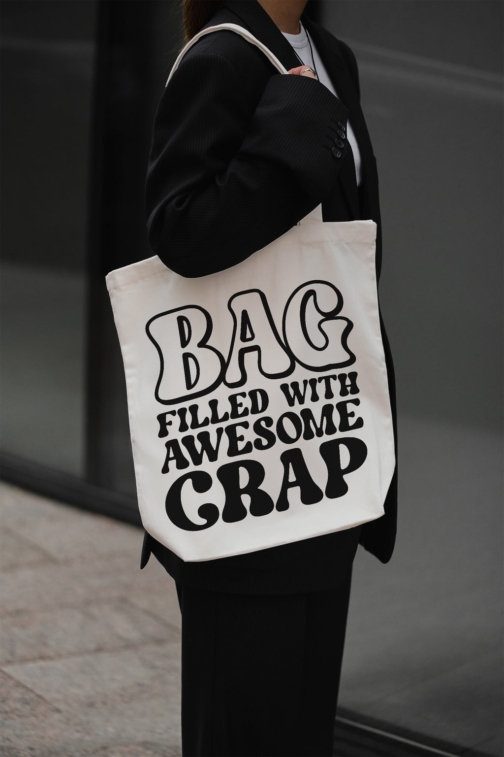 BAG FILLED WITH AWESOME CRAP Baumwollbeutel Stofftasche bedruckt lustiger Spruch Einkaufstasche Tote Bag Geschenk Freundin Alltag Shopper nachhaltig