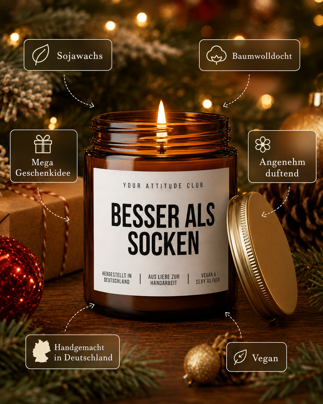 BESSER ALS SOCKEN Weihnachtskerze mit Spruch | lustige Duftkerze | freches Weihnachtsgeschenk | Wichtelgeschenk | Sojawachs Kerze handgemacht
