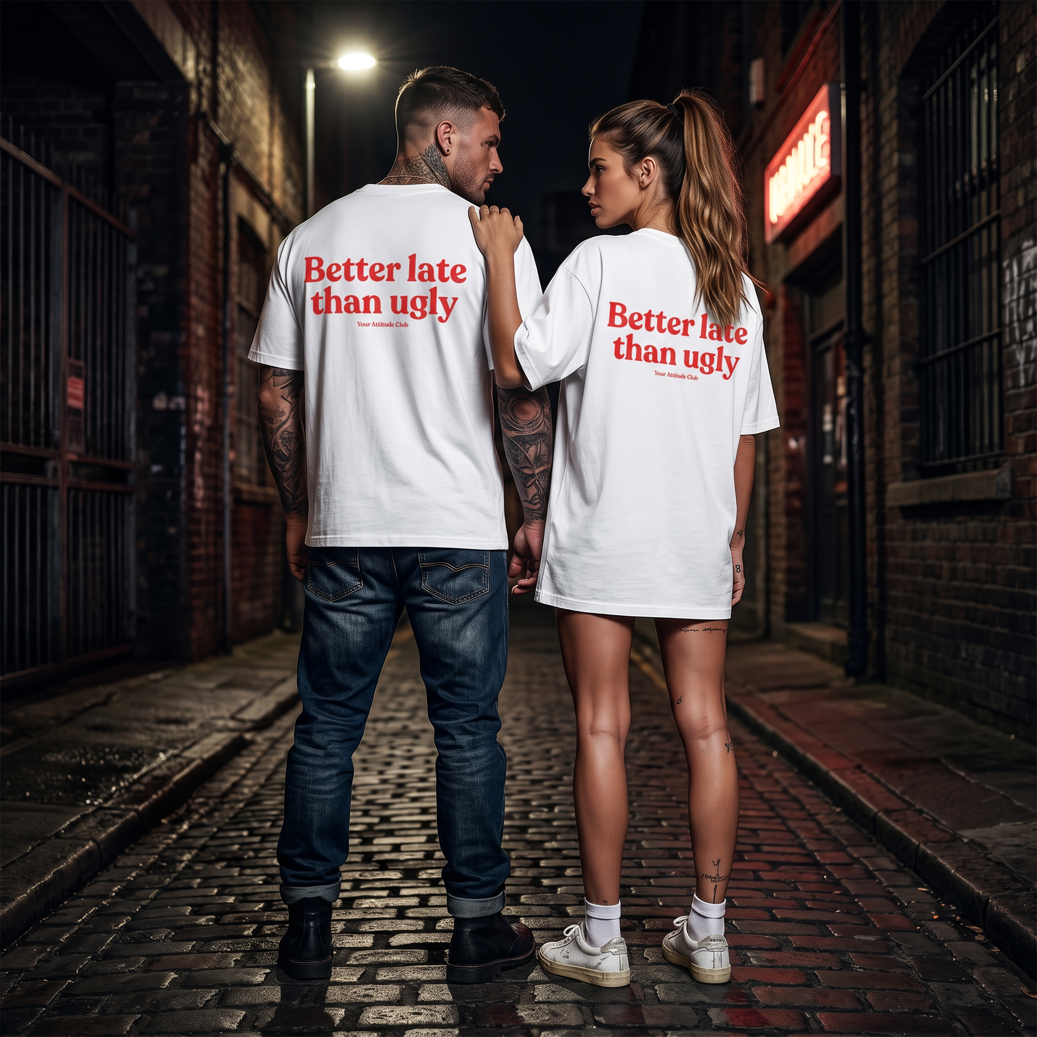 Better late than ugly Oversize T-Shirt Unisex Baumwolle Backprint Weiß Statement Shirt Streetwear S-3XL hochwertig bequem modern