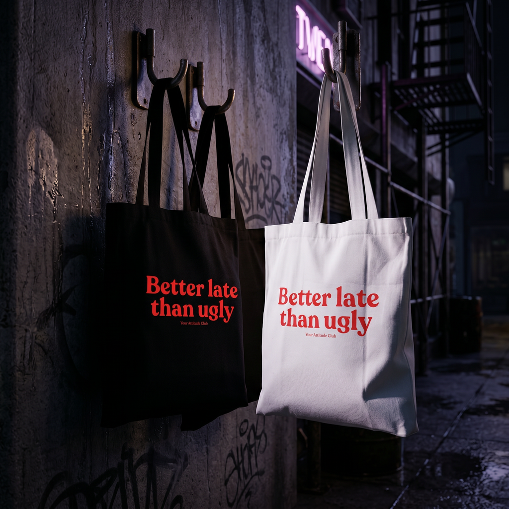 Better late than ugly Stoffbeutel – Baumwoll Tragetasche mit Spruch, Jutebeutel Damen, Shopper Tasche nachhaltig, Geschenkidee