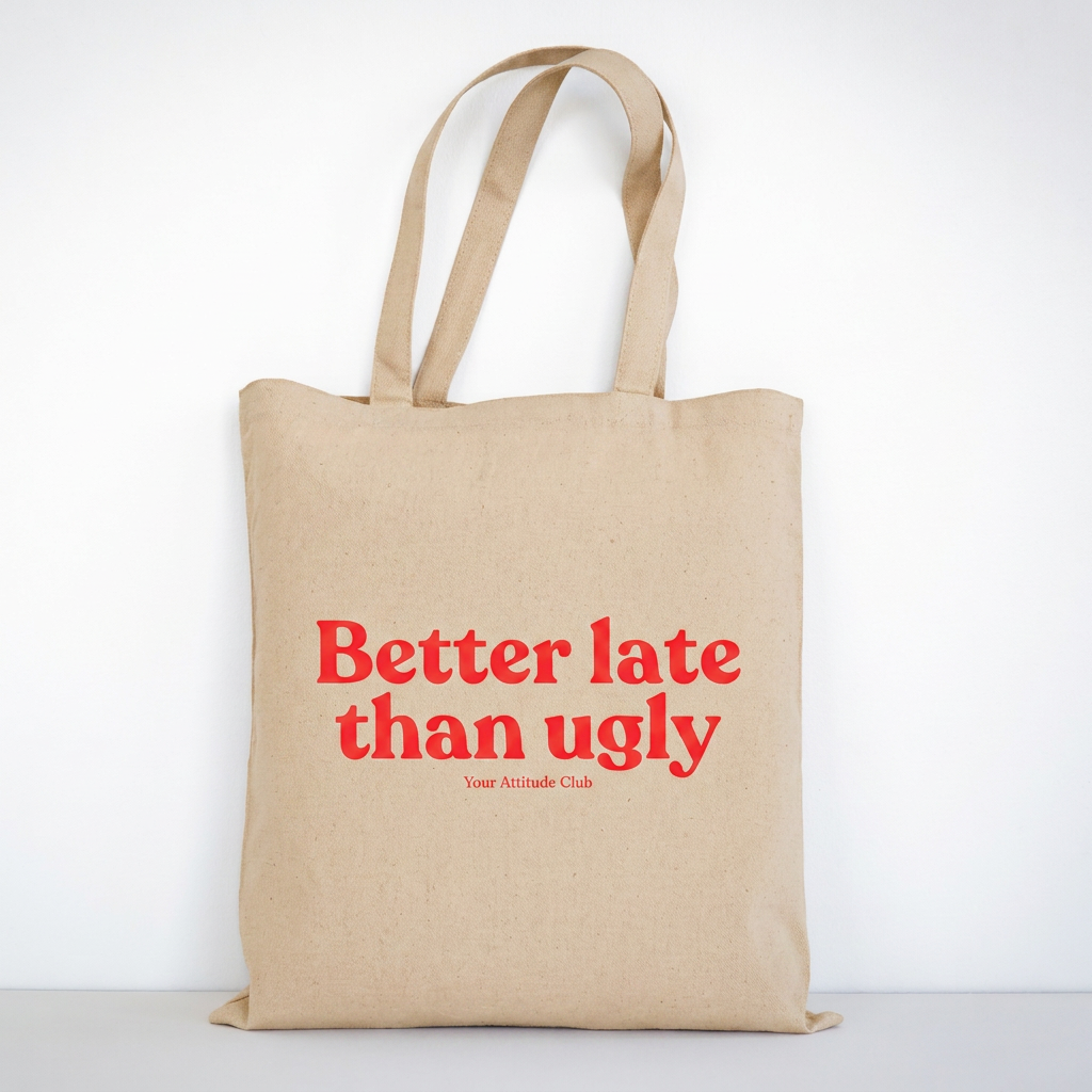 Better late than ugly Stoffbeutel – Baumwoll Tragetasche mit Spruch, Jutebeutel Damen, Shopper Tasche nachhaltig, Geschenkidee