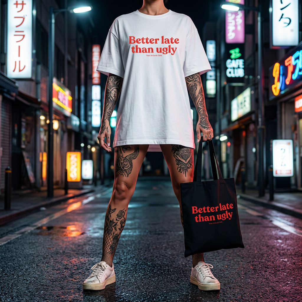 Better late than ugly Stoffbeutel – Baumwoll Tragetasche mit Spruch, Jutebeutel Damen, Shopper Tasche nachhaltig, Geschenkidee