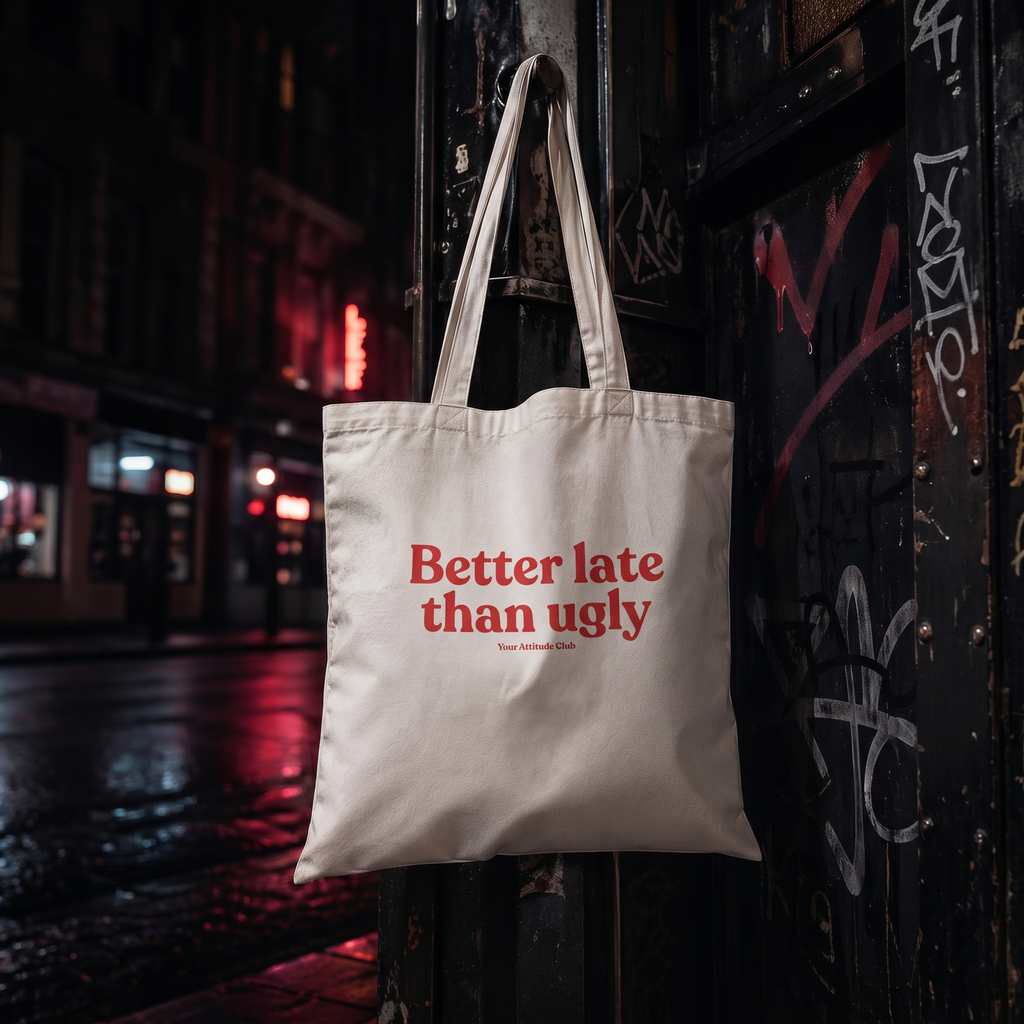 Better late than ugly Stoffbeutel – Baumwoll Tragetasche mit Spruch, Jutebeutel Damen, Shopper Tasche nachhaltig, Geschenkidee