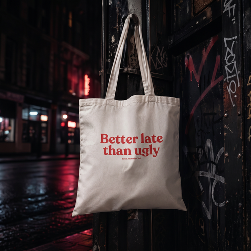 Better late than ugly Stoffbeutel – Baumwoll Tragetasche mit Spruch, Jutebeutel Damen, Shopper Tasche nachhaltig, Geschenkidee
