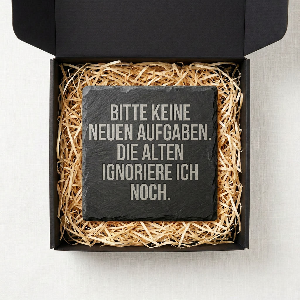 Bitte keine neuen Aufgaben. Die alten ignoriere ich noch. – Schiefer Untersetzer 10x10 cm, lustiges Büro Geschenk, Geschenk für Arbeitskollegen, handgravierter Naturstein