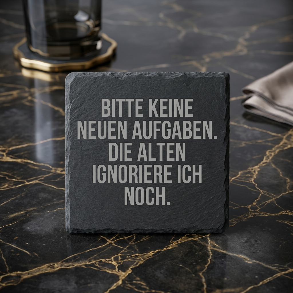 Bitte keine neuen Aufgaben. Die alten ignoriere ich noch. – Schiefer Untersetzer 10x10 cm, lustiges Büro Geschenk, Geschenk für Arbeitskollegen, handgravierter Naturstein