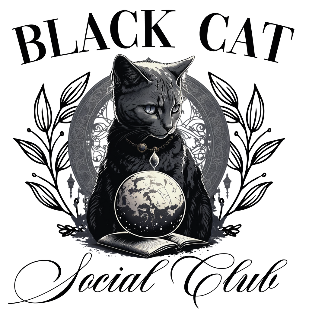 Black Cat Social Club – Mystische Tragetasche mit schwarzer Katze & Mond – Baumwolltasche 38x42 cm – Rosa, Beige oder Schwarz – DTG bedruckt – Auch als Bügelbild