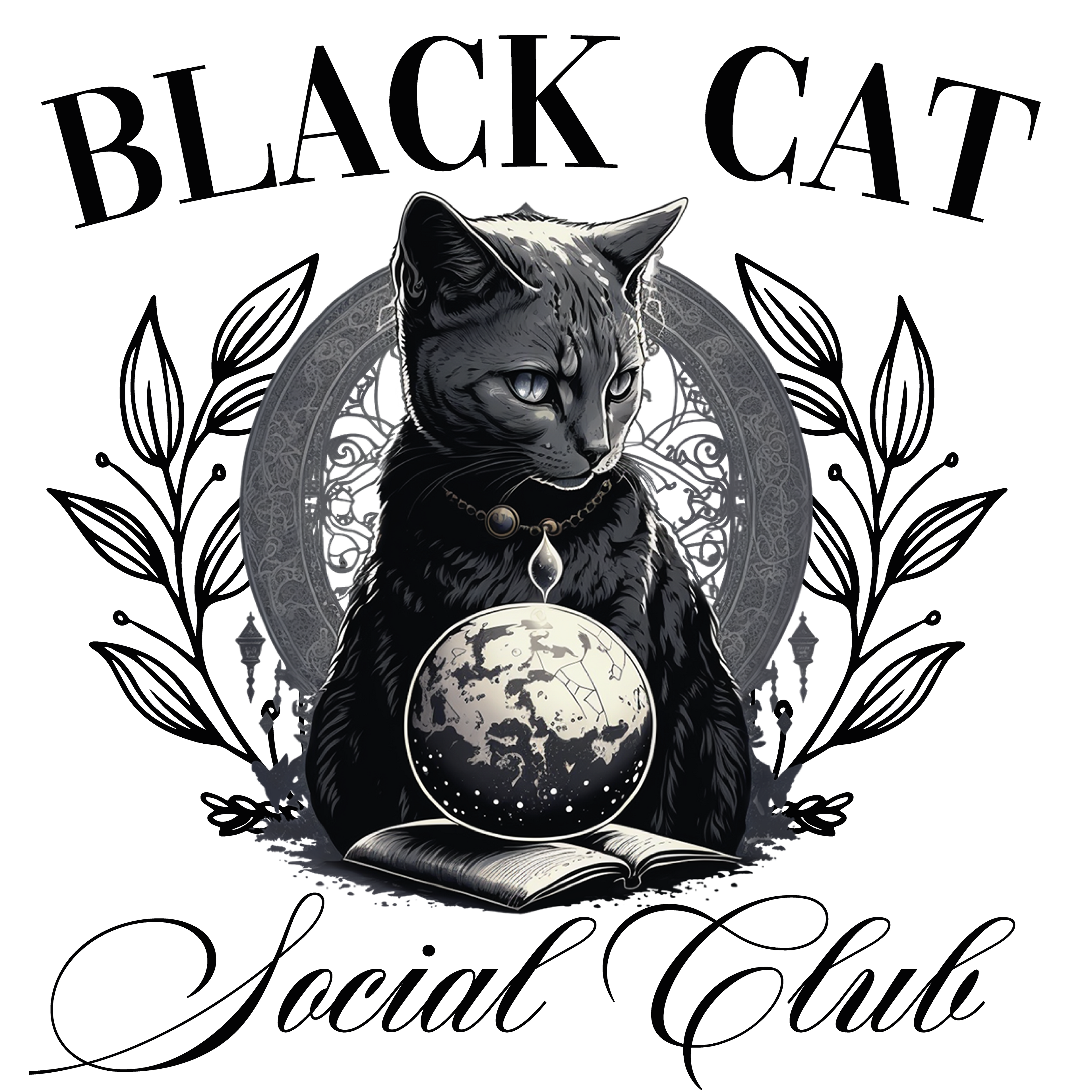 Black Cat Social Club – Mystische Tragetasche mit schwarzer Katze & Mond – Baumwolltasche 38x42 cm – Rosa, Beige oder Schwarz – DTG bedruckt – Auch als Bügelbild