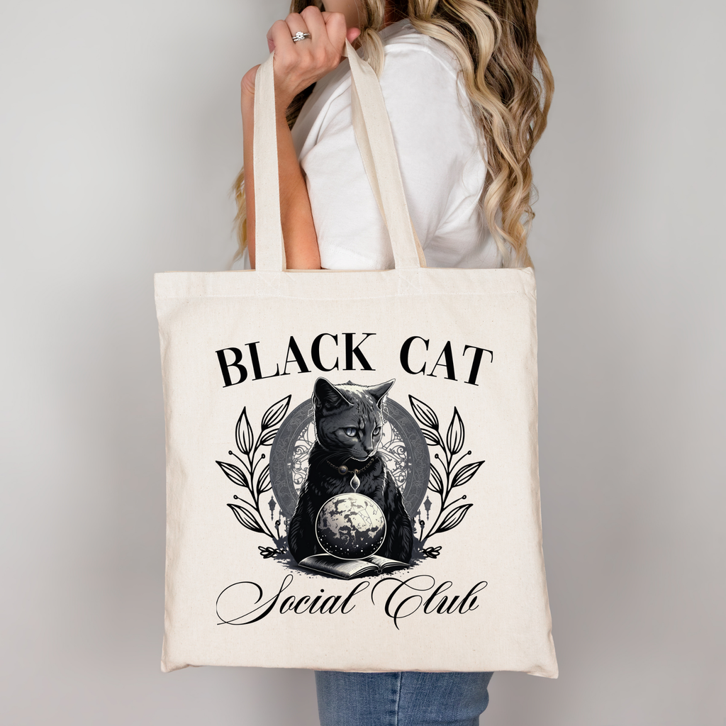 Black Cat Social Club – Mystische Tragetasche mit schwarzer Katze & Mond – Baumwolltasche 38x42 cm – Rosa, Beige oder Schwarz – DTG bedruckt – Auch als Bügelbild